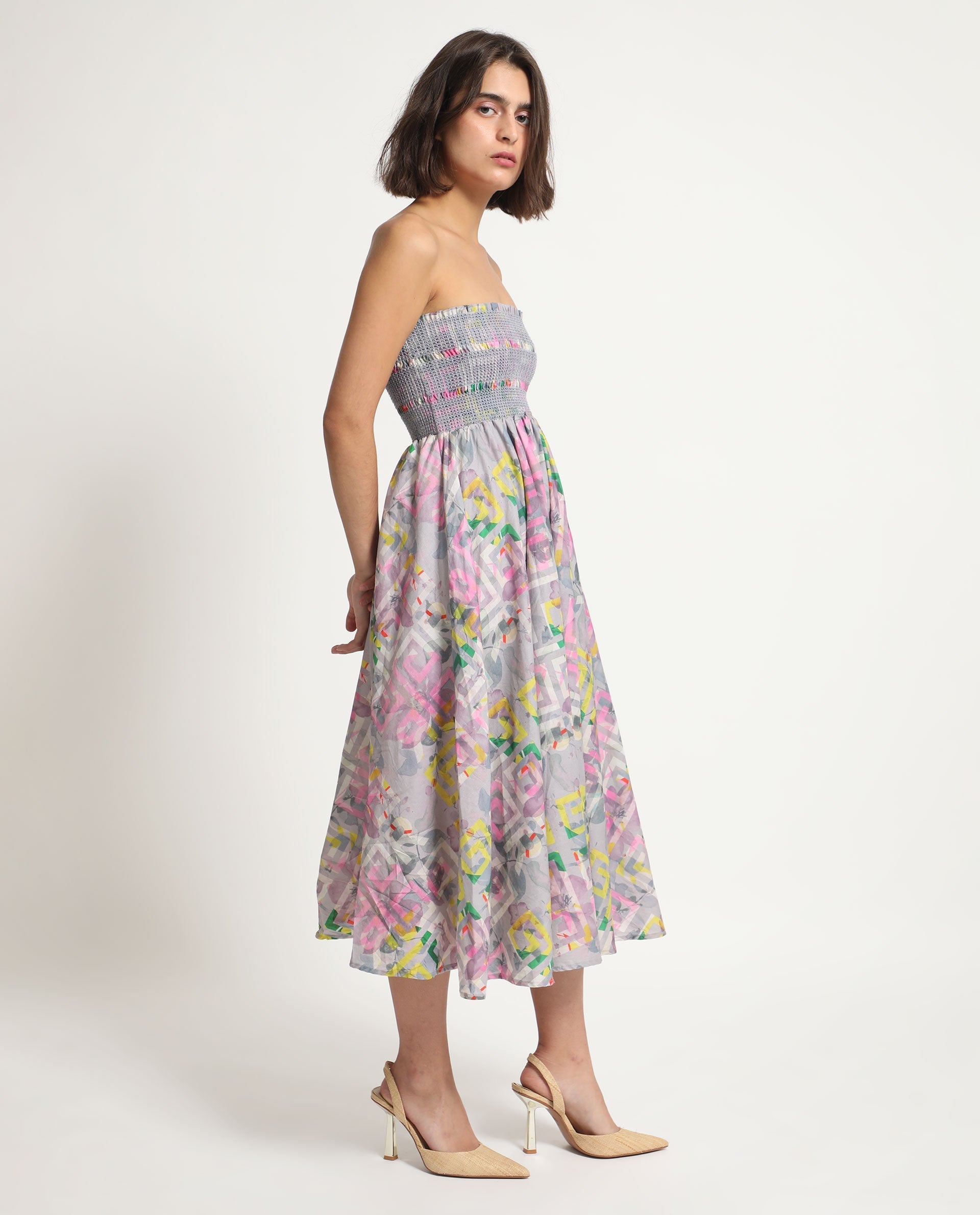 Rareism Women Mazon Multi Cotton Fabric Sleeveless Tube Neck Shoulder Straps Fit And Flare Floral Print Midi Empire Dress