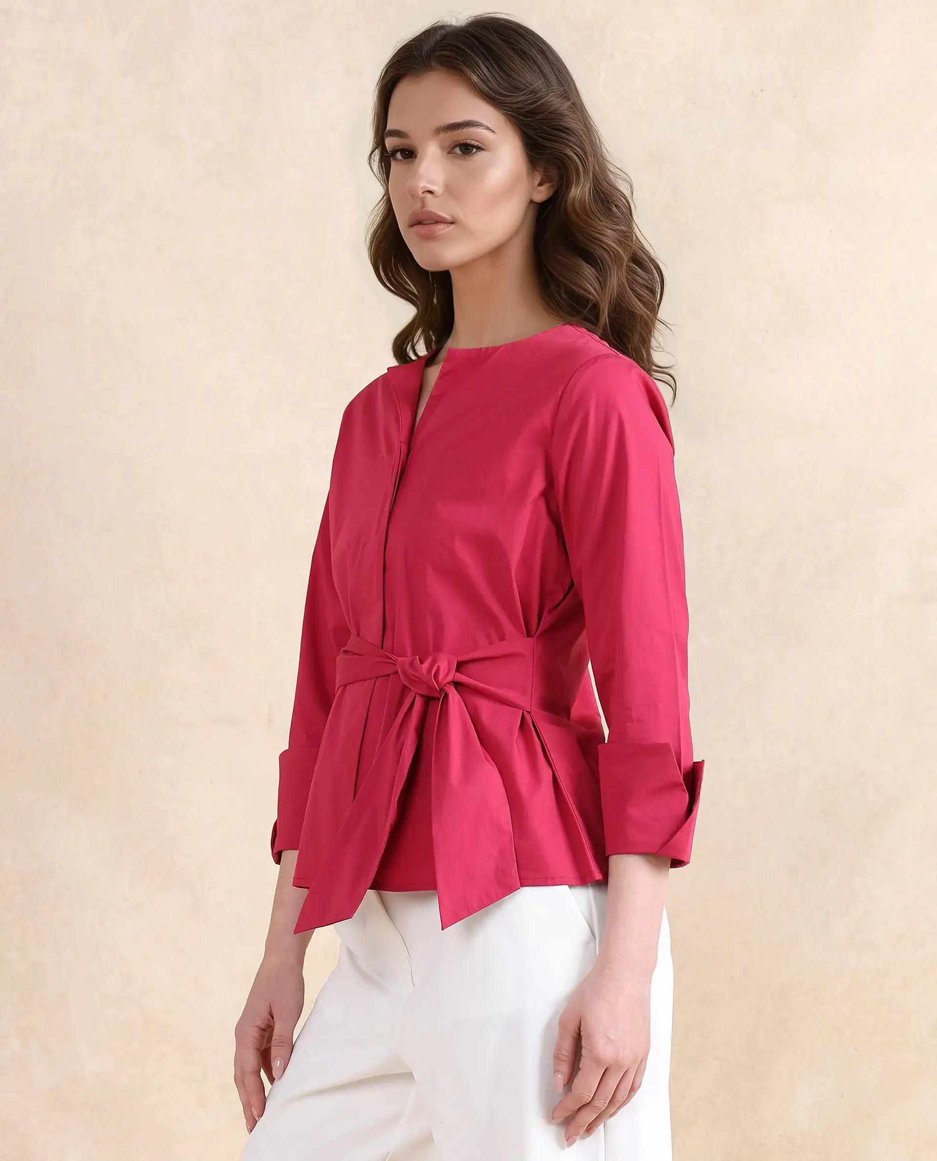 Rareism Women Medui Dark Pink Cotton Blend Fabric 3/4Th Sleeve Built Up Neck Button Closure Plain Top