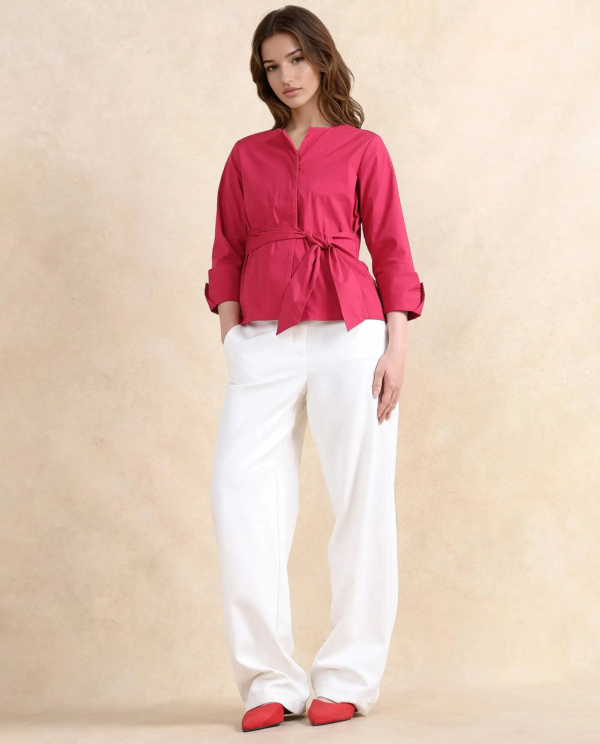 Rareism Women's Medui Dark Pink Cotton Blend Built-Up Neck Plain Regular Fit Top
