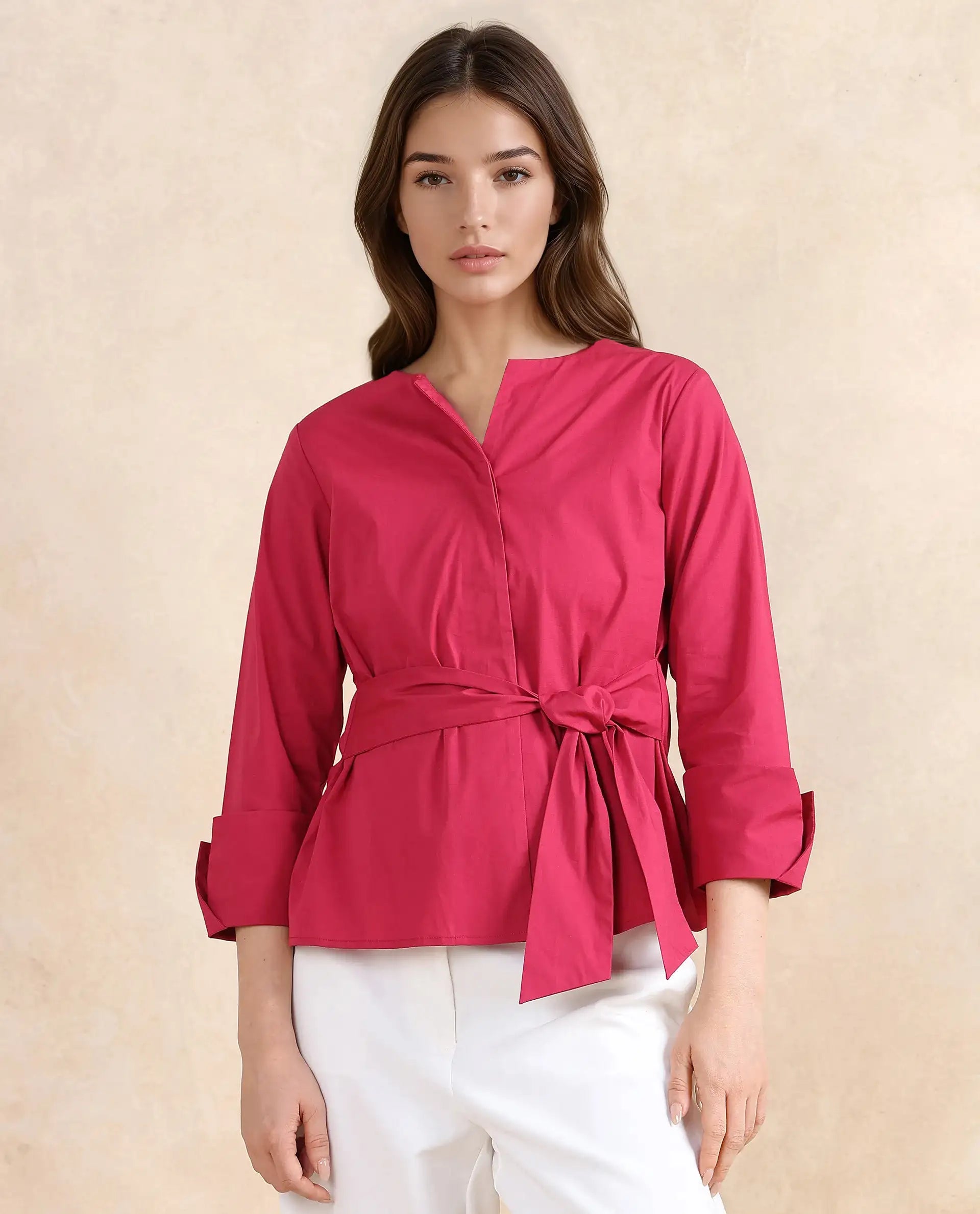 Rareism Women Medui Dark Pink Cotton Blend Fabric 3/4Th Sleeve Built Up Neck Button Closure Plain Top
