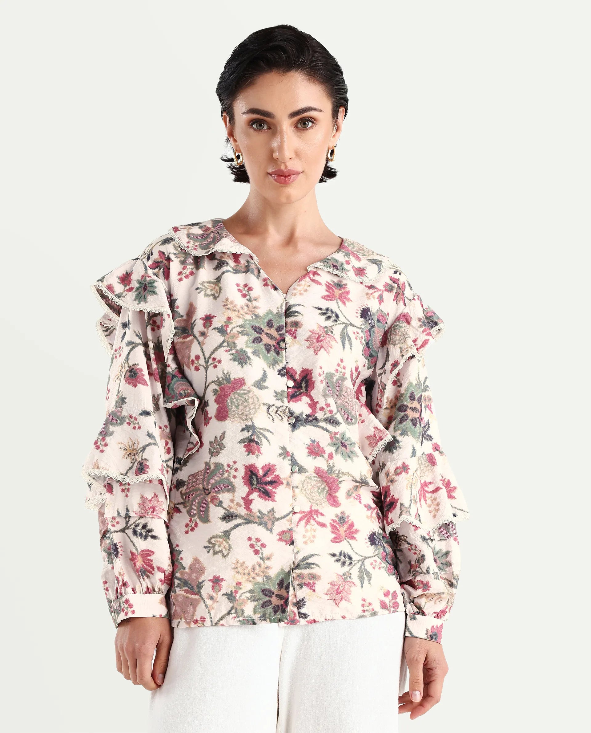 Rareism Women's Mei-T Multi Nylon Blend Peter Pan Collar Floral Print Bishop Sleeve Regular Fit Shirt