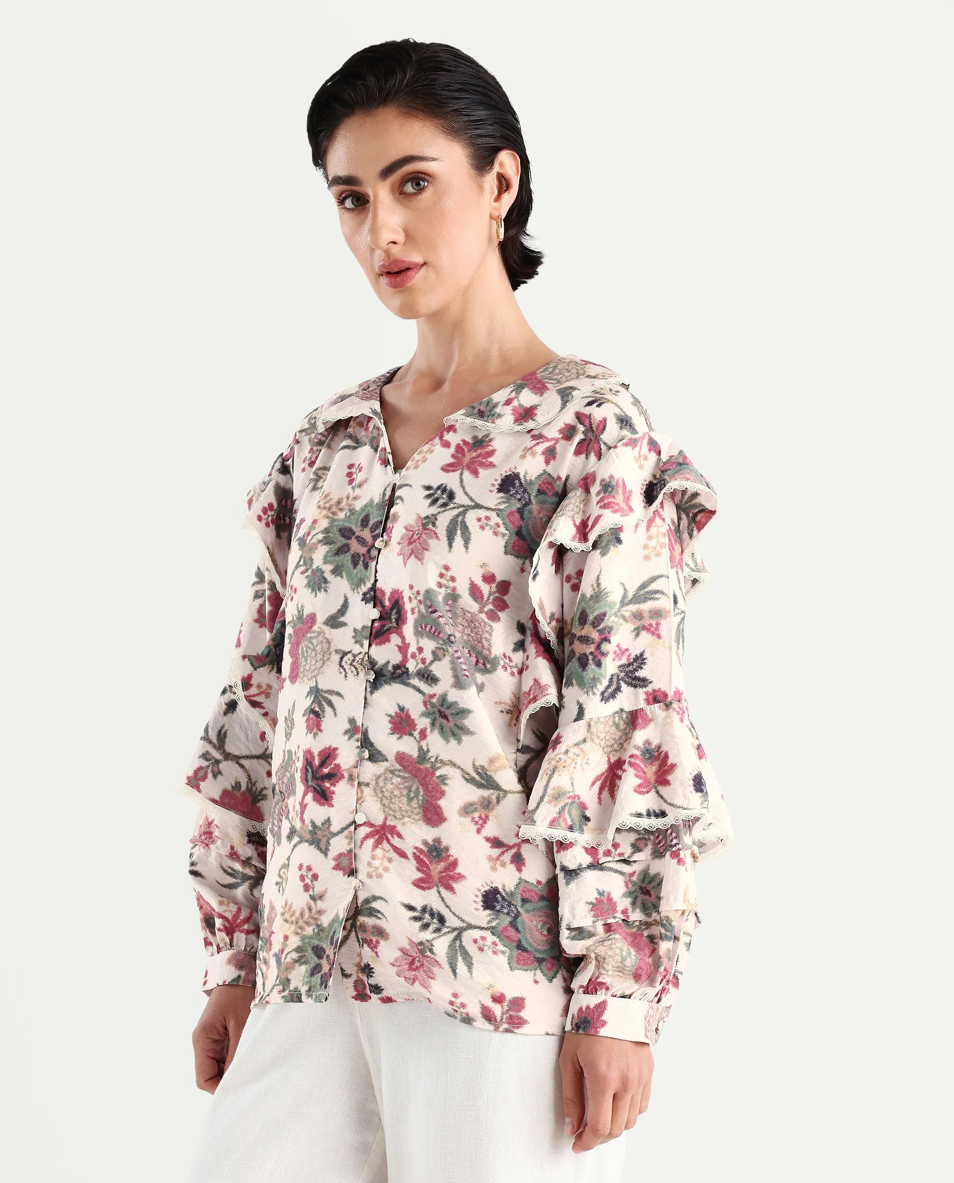 Rareism Women's Mei-T Multi Nylon Blend Peter Pan Collar Floral Print Bishop Sleeve Regular Fit Shirt