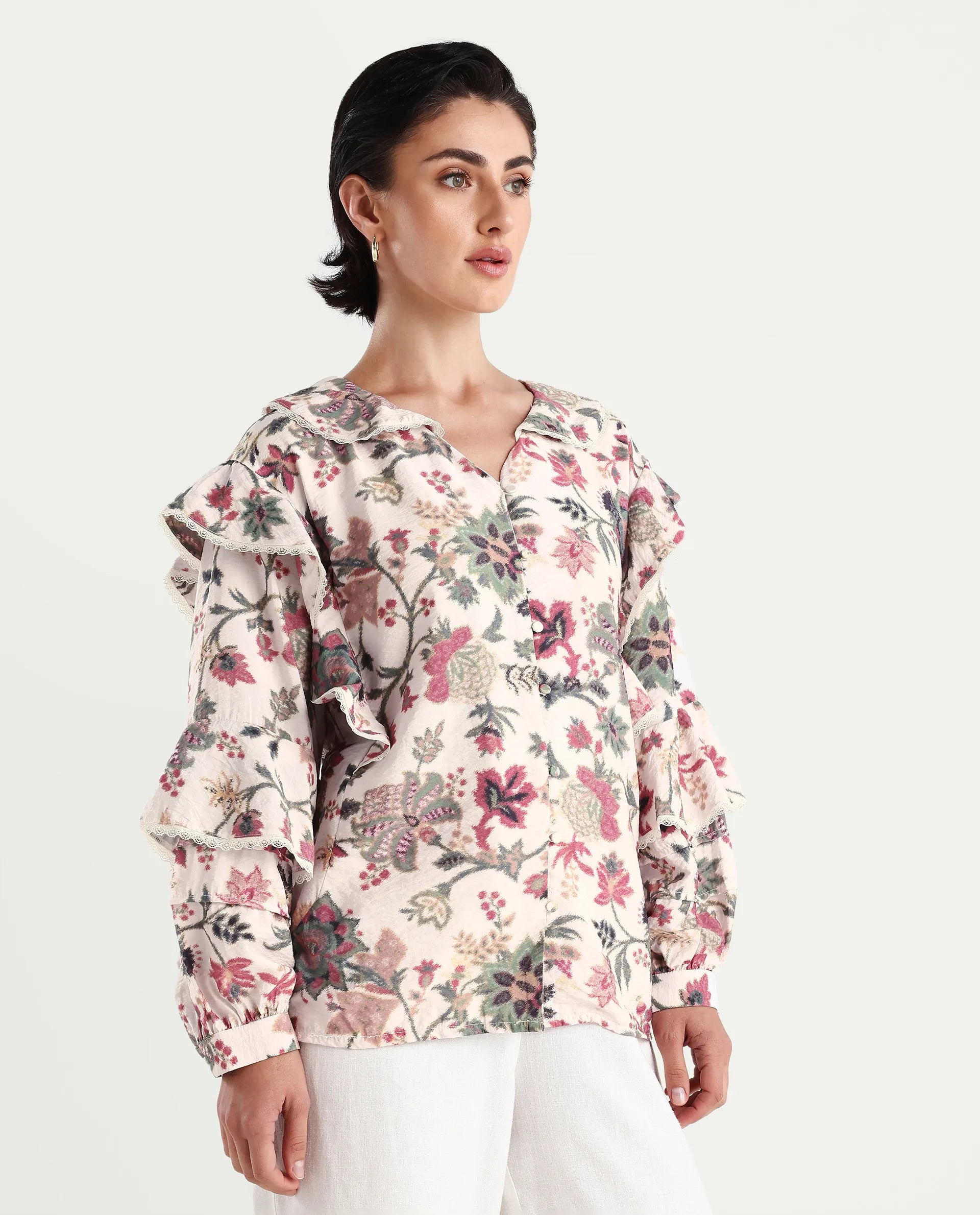 Rareism Women's Mei-T Multi Nylon Blend Peter Pan Collar Floral Print Bishop Sleeve Regular Fit Shirt