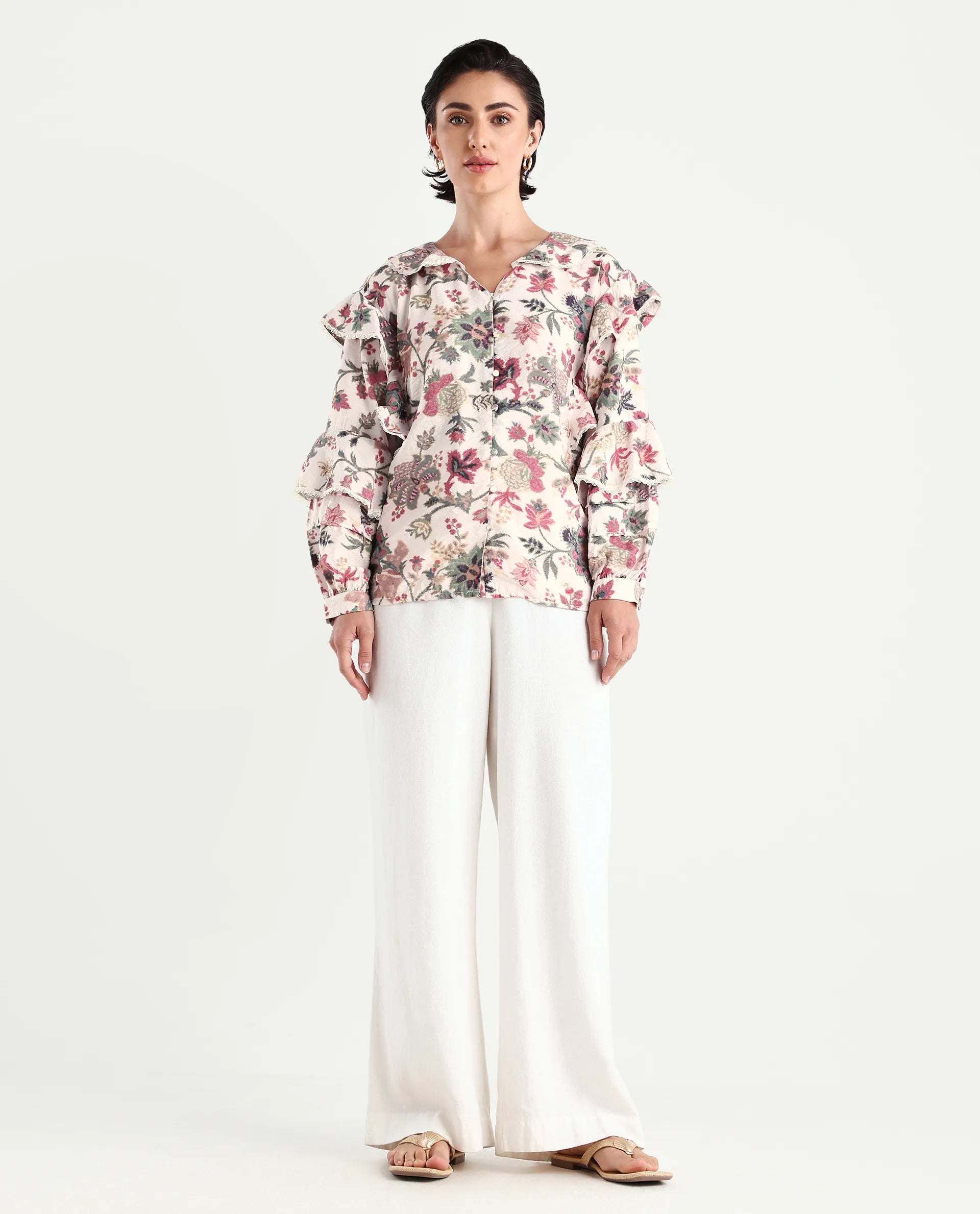 Rareism Women's Mei-T Multi Nylon Blend Peter Pan Collar Floral Print Bishop Sleeve Regular Fit Shirt