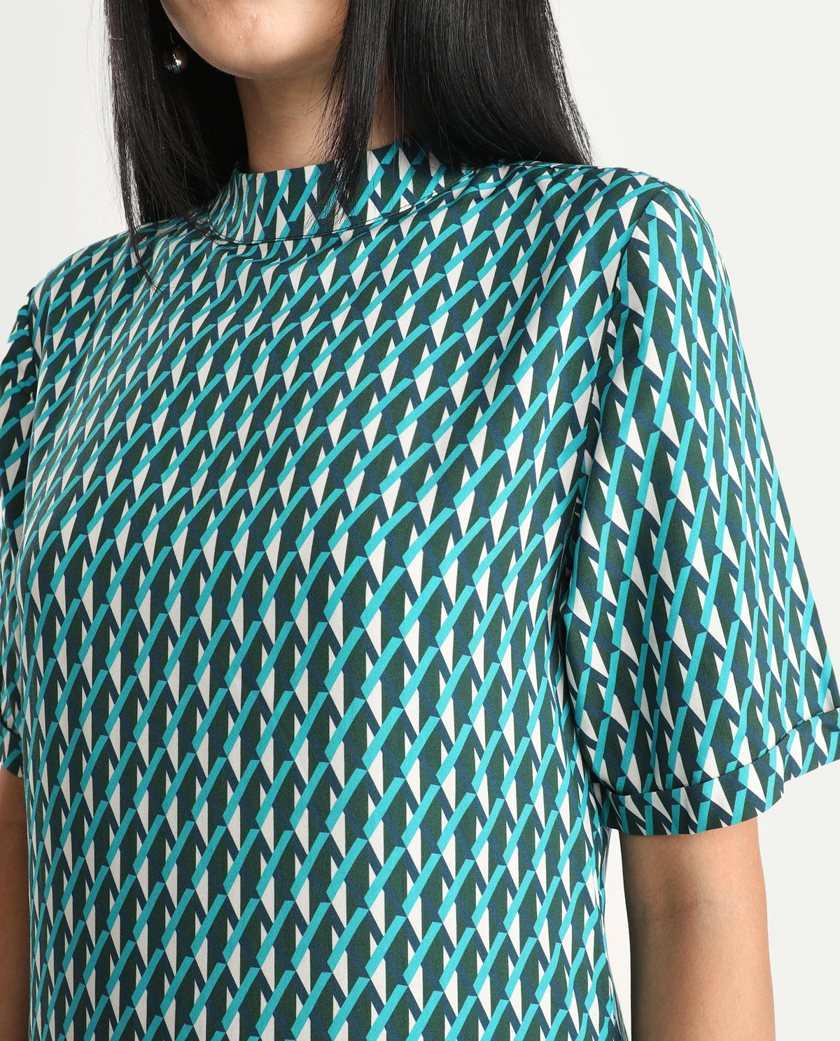Rareism Women's Mello Blue Viscose High Neck Geometric Print Knee Length Regular Fit Dress