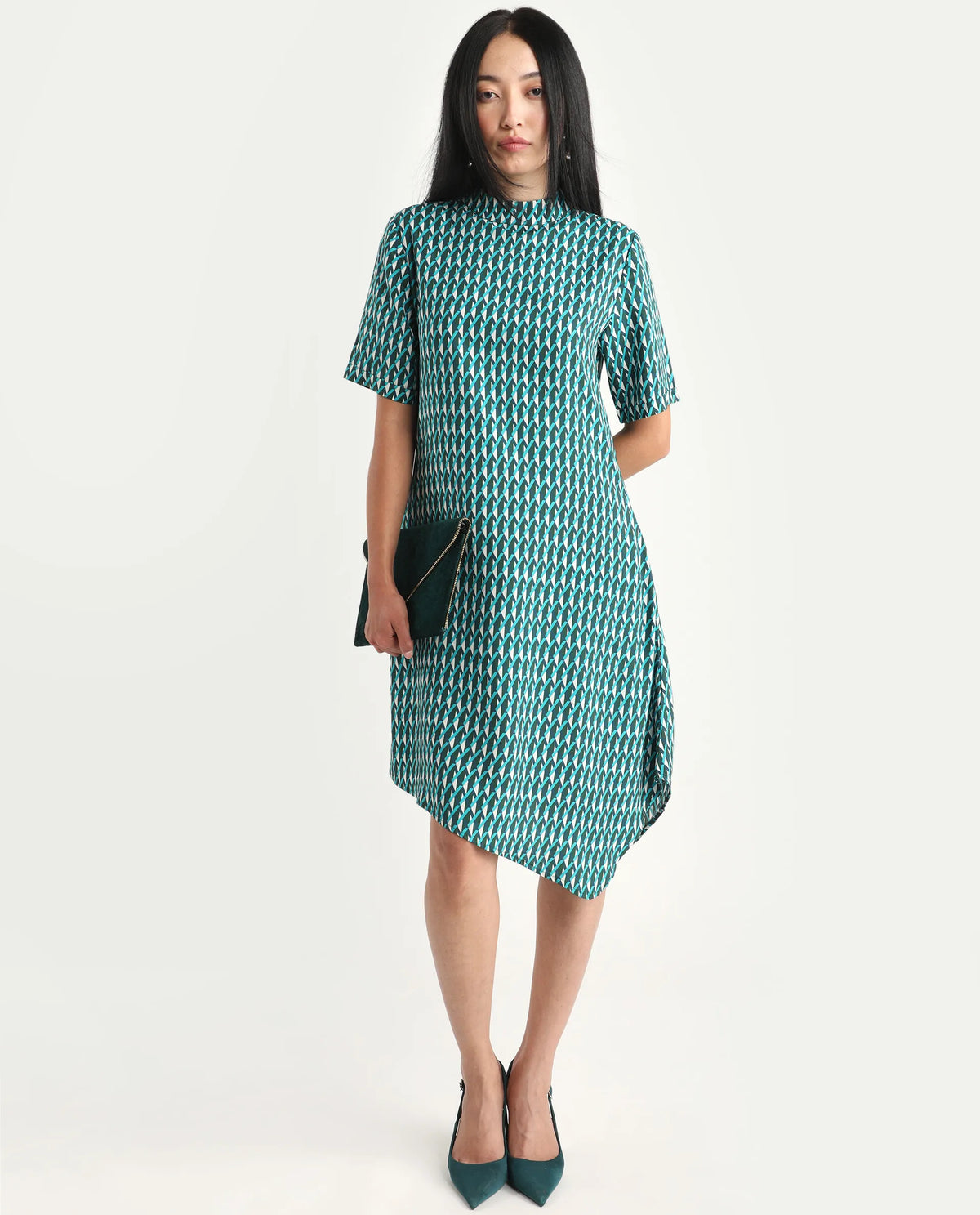 Rareism Women's Mello Blue Viscose High Neck Geometric Print Knee Length Regular Fit Dress
