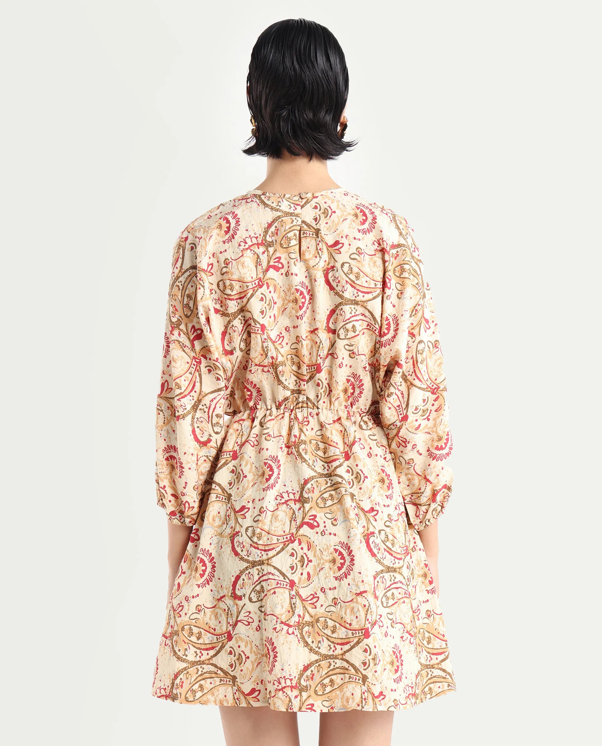 Rareism Women's Mellona Multi Viscose Blend Round Neck Paisley Print Mini Fit And Flare Dress
