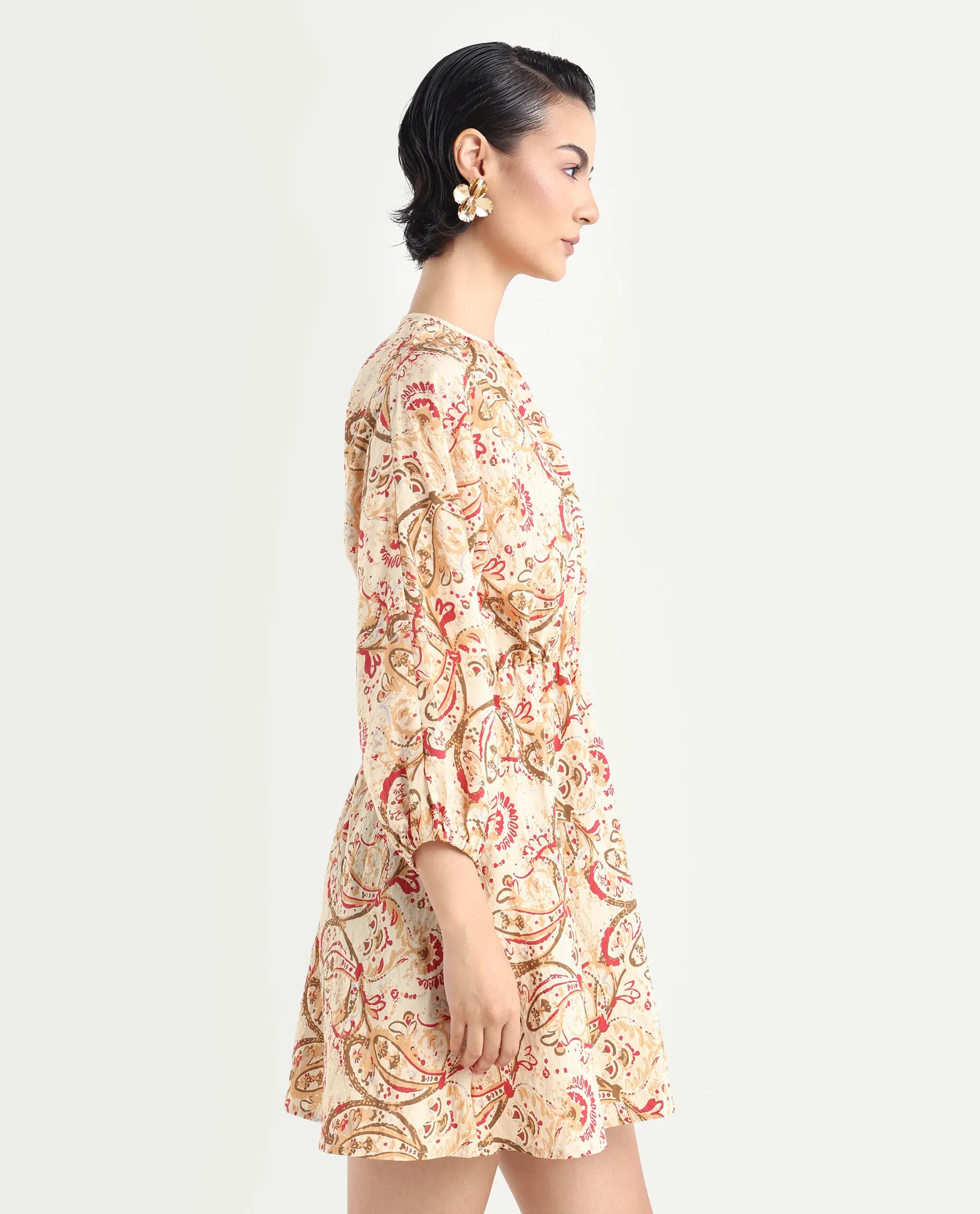 Rareism Women's Mellona Multi Viscose Blend Round Neck Paisley Print Mini Fit And Flare Dress