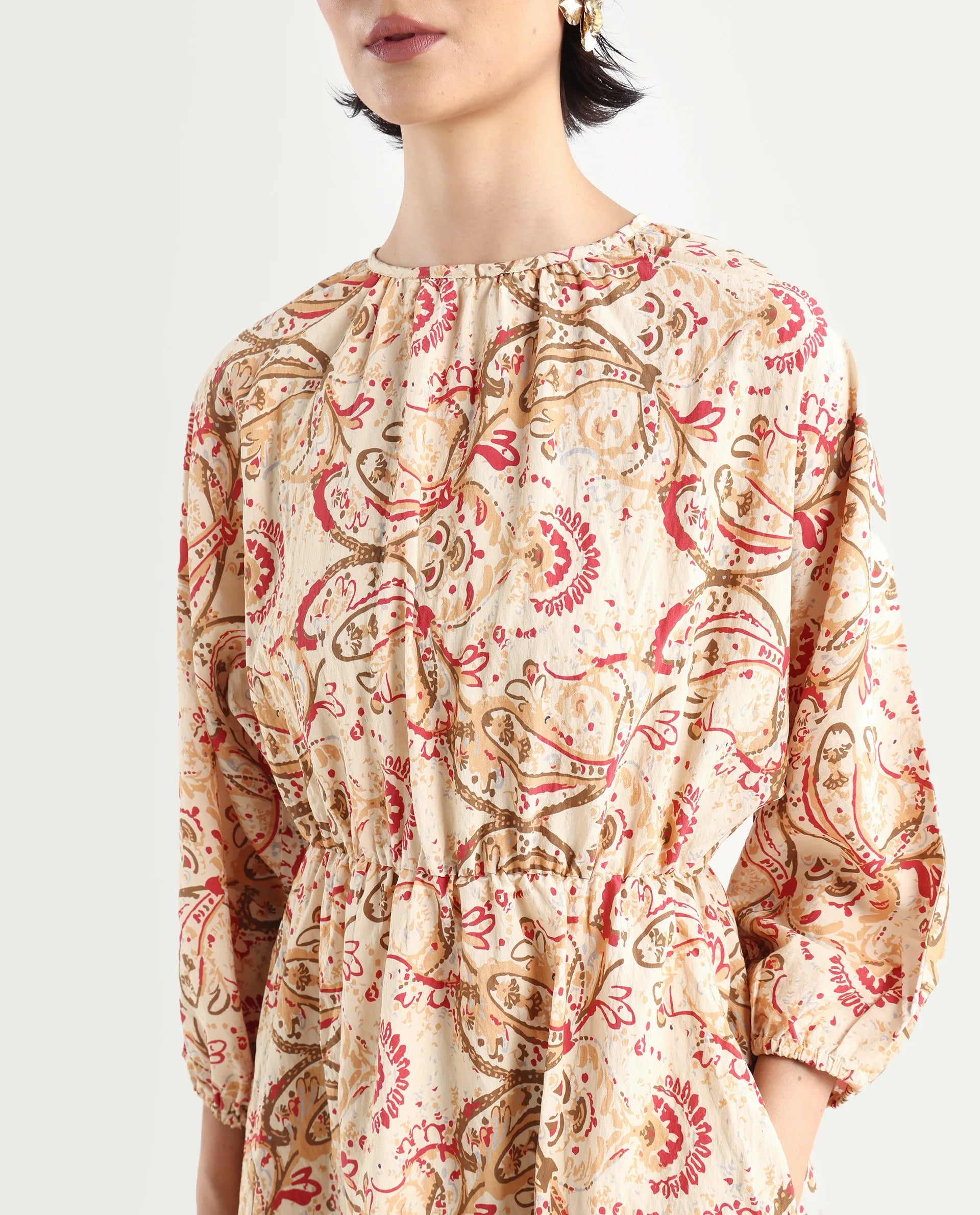 Rareism Women's Mellona Multi Viscose Blend Round Neck Paisley Print Mini Fit And Flare Dress