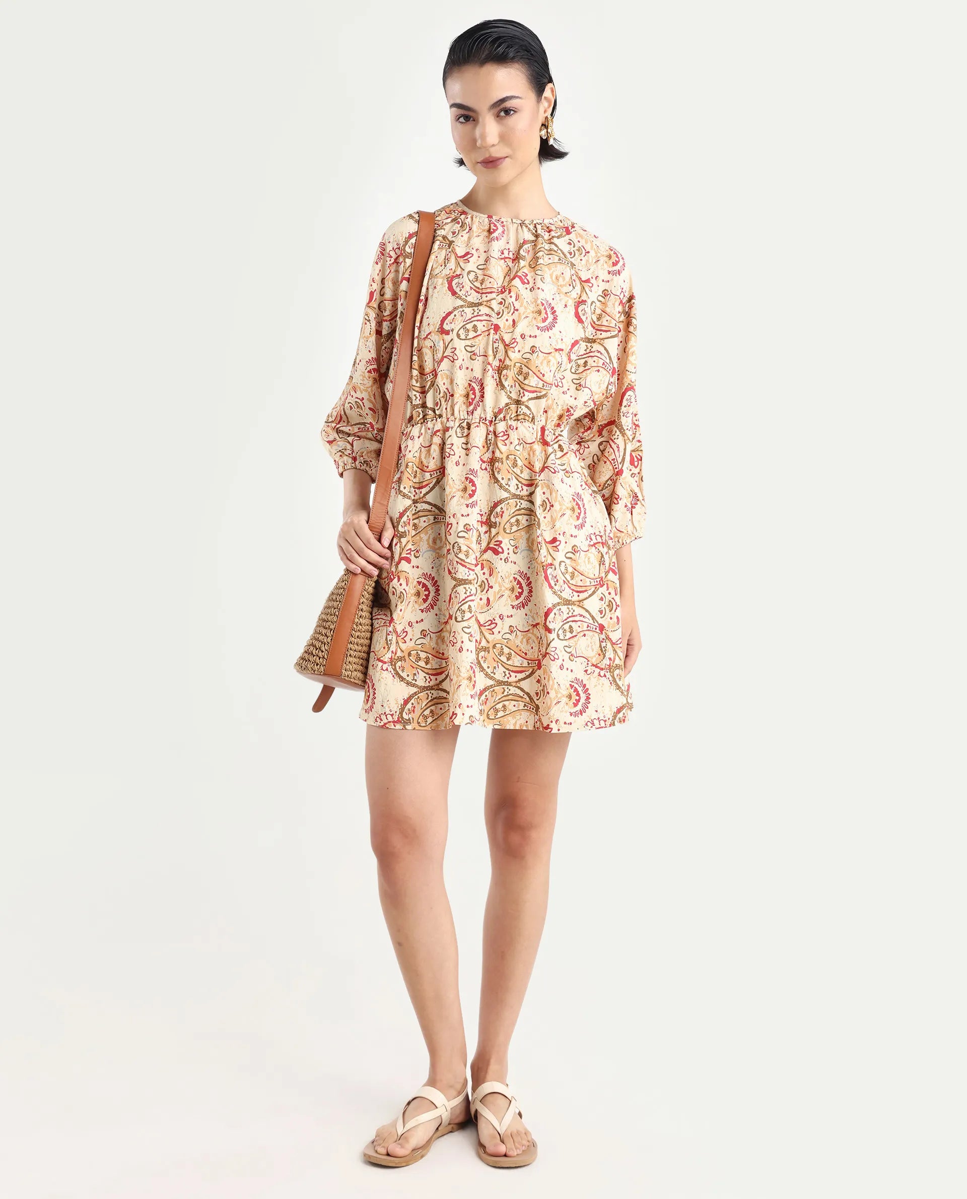 Rareism Women's Mellona Multi Viscose Blend Round Neck Paisley Print Mini Fit And Flare Dress