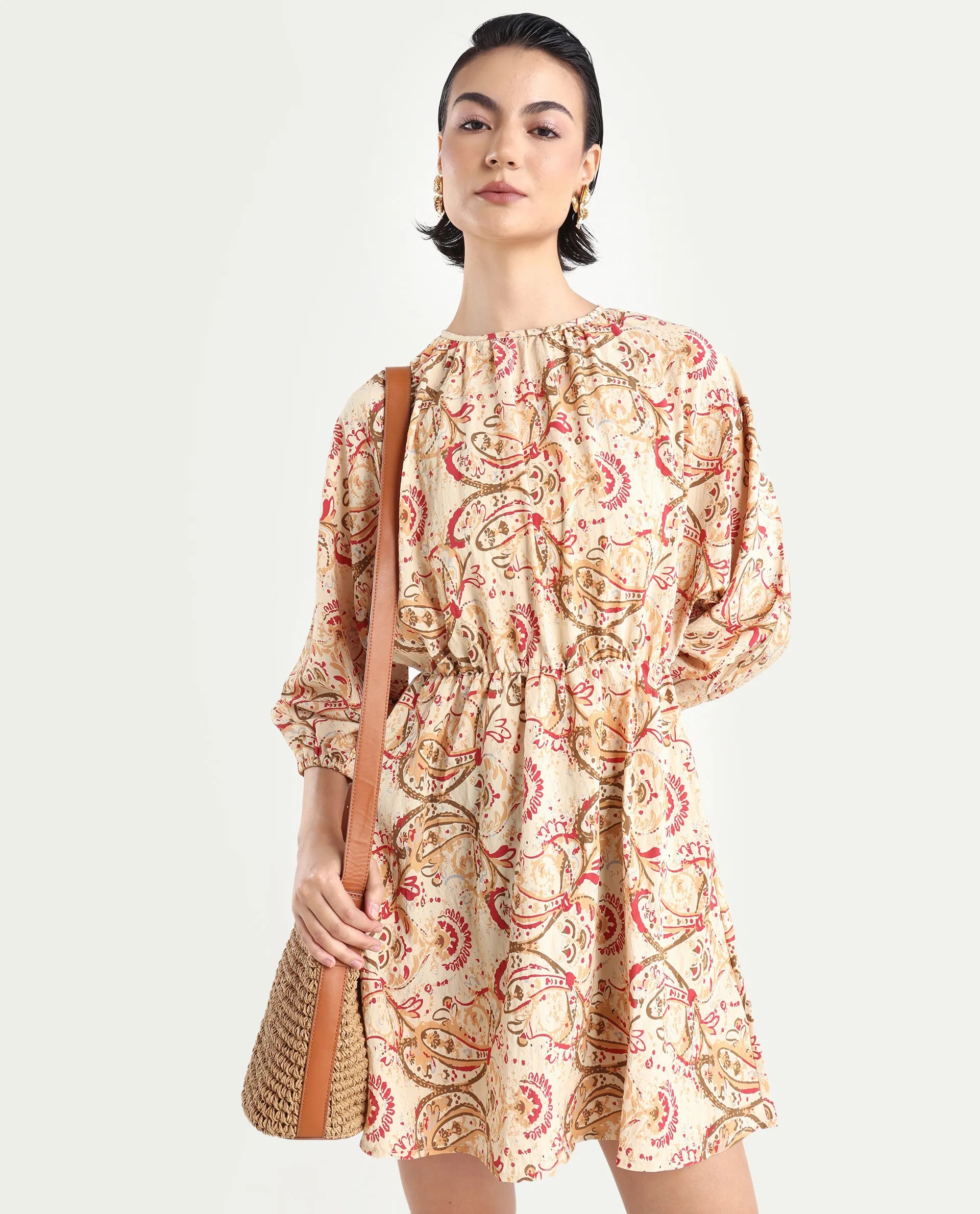 Rareism Women's Mellona Multi Viscose Blend Round Neck Paisley Print Mini Fit And Flare Dress