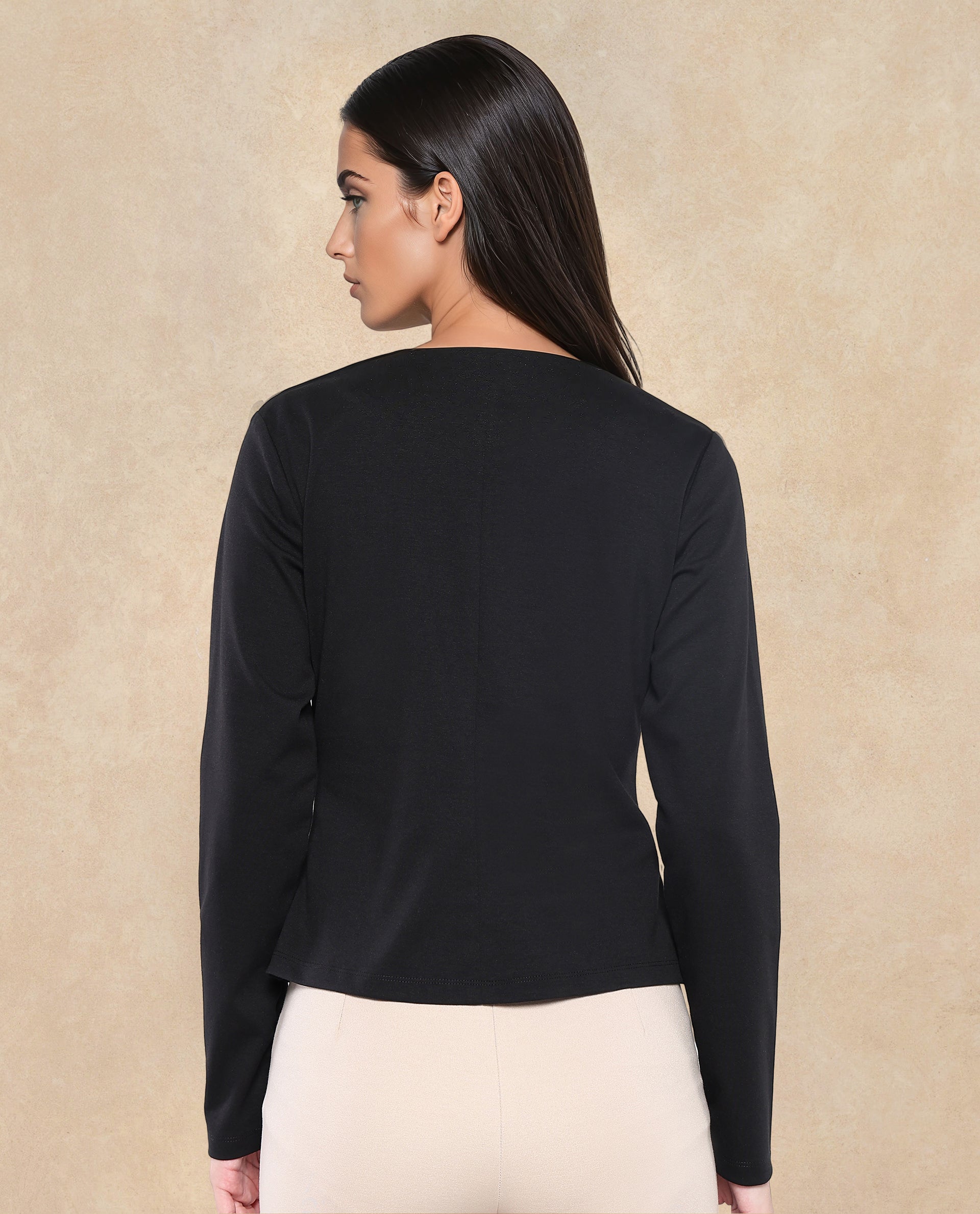 Rareism Women's Mellow Black Polyester Blend V-Neck Plain Regular Fit Top