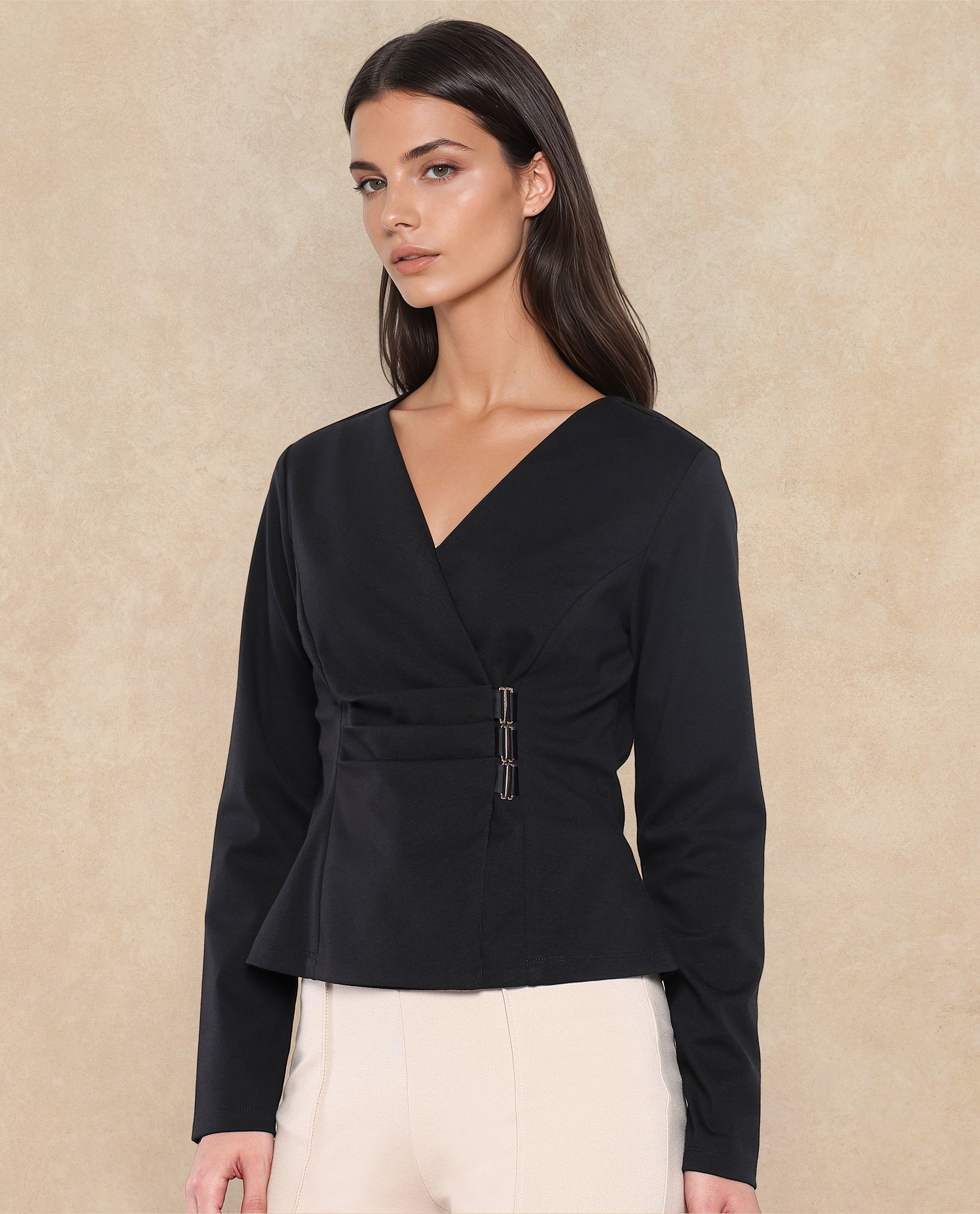Rareism Women's Mellow Black Polyester Blend V-Neck Plain Regular Fit Top