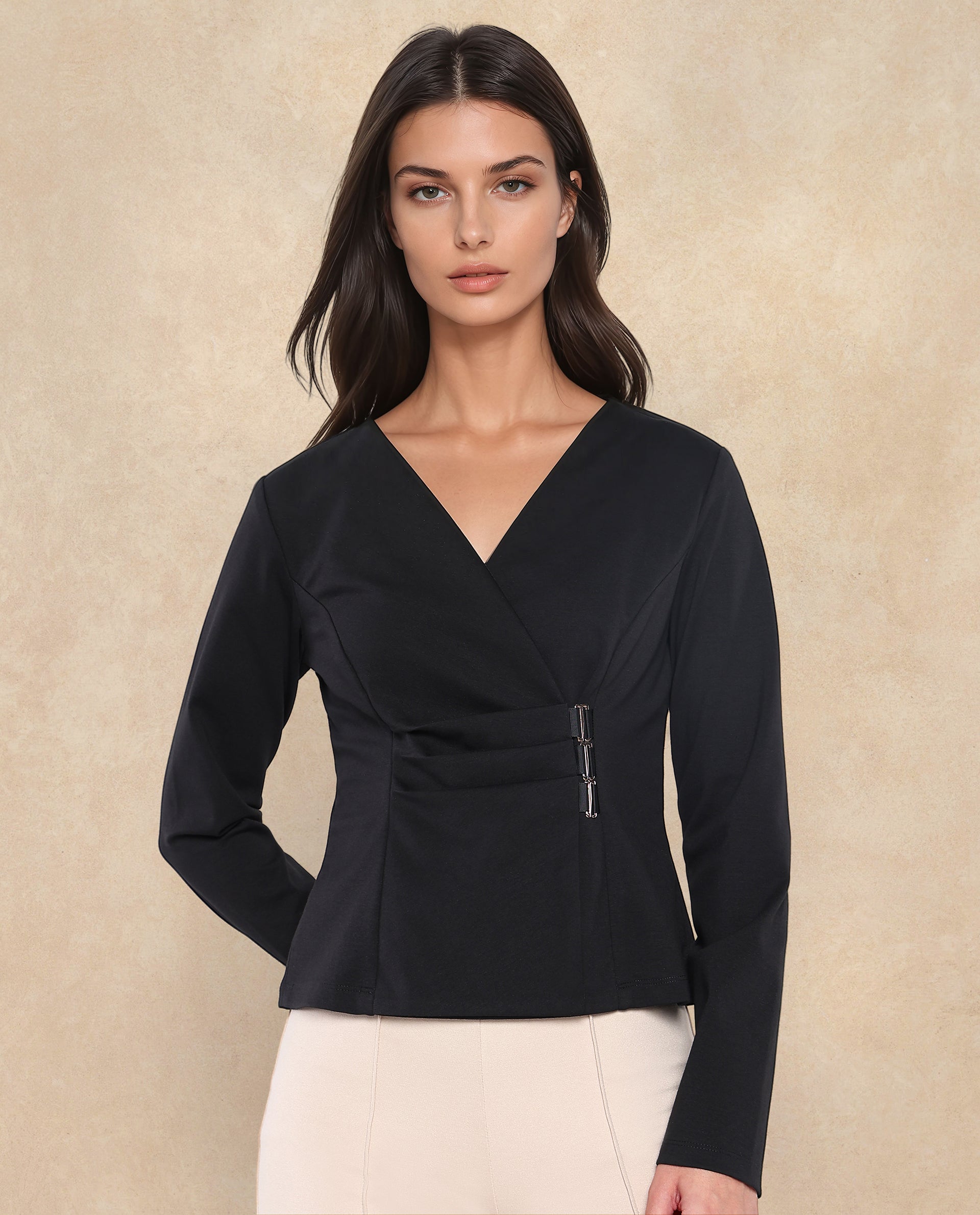 Rareism Women's Mellow Black Polyester Blend V-Neck Plain Regular Fit Top