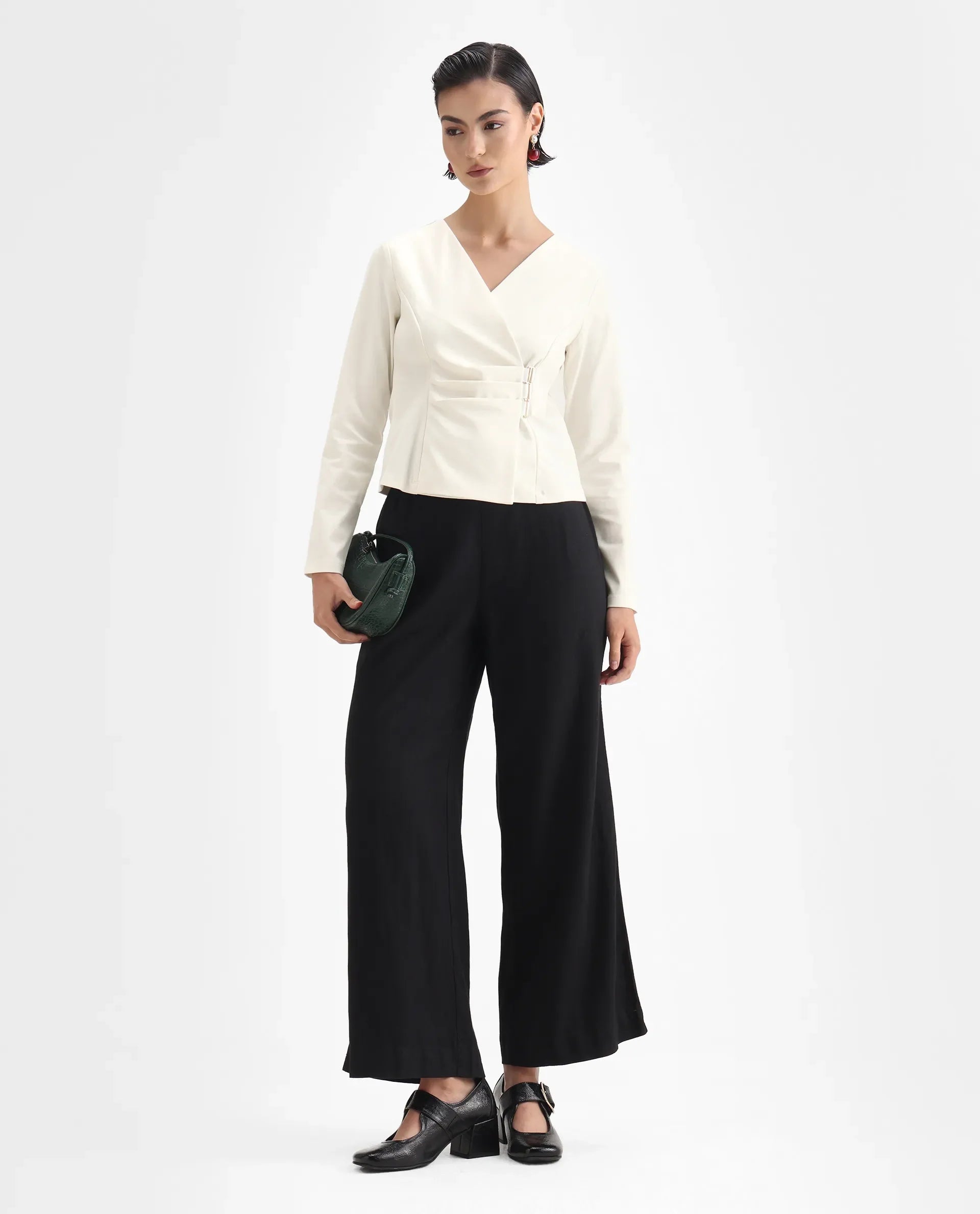 Rareism Women's Mellow White Polyester Blend V-Neck Plain Regular Fit Top