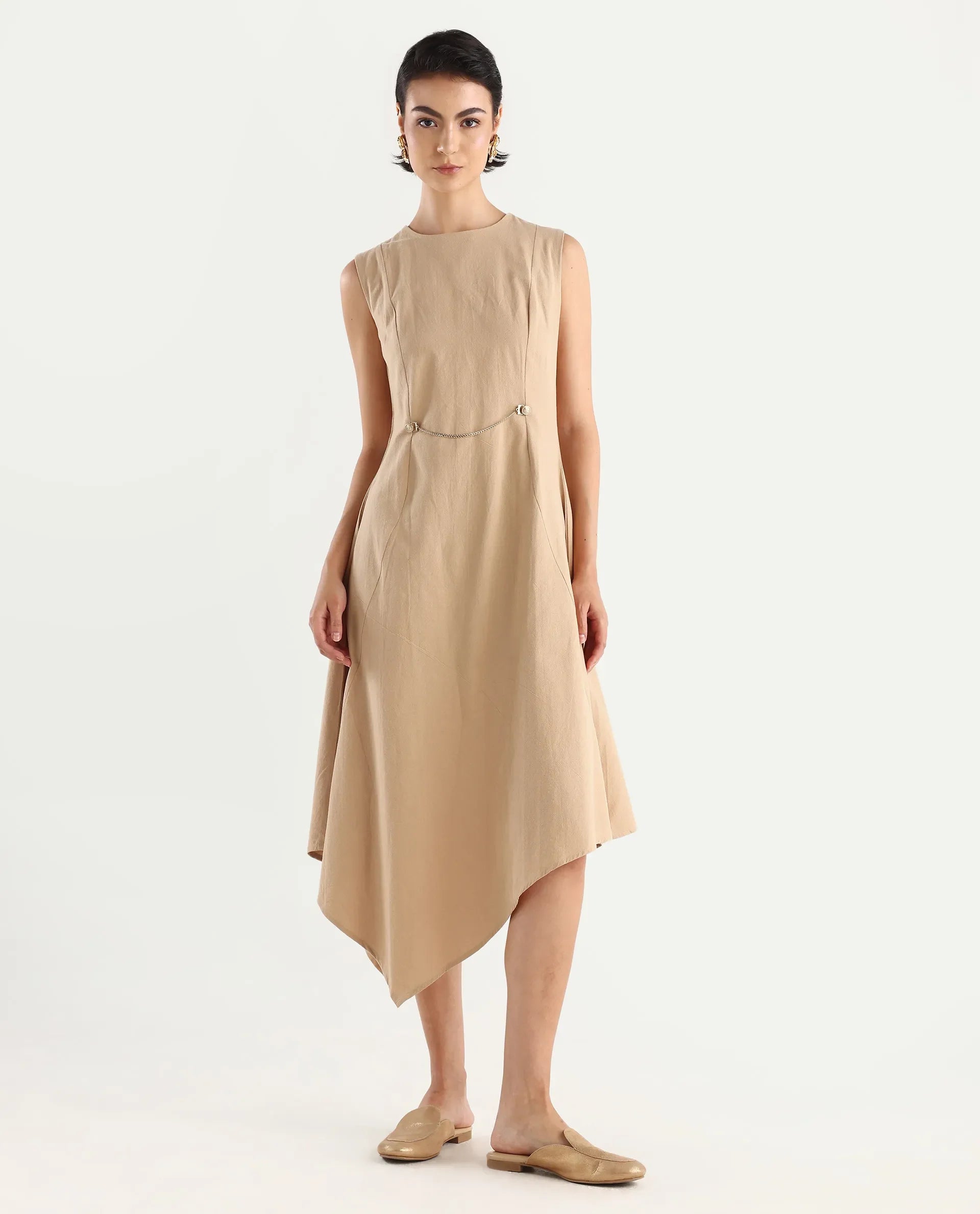 Rareism Women's Melrick Beige Cotton Crew Neck Plain Sleeveless Maxi A-Line Dress