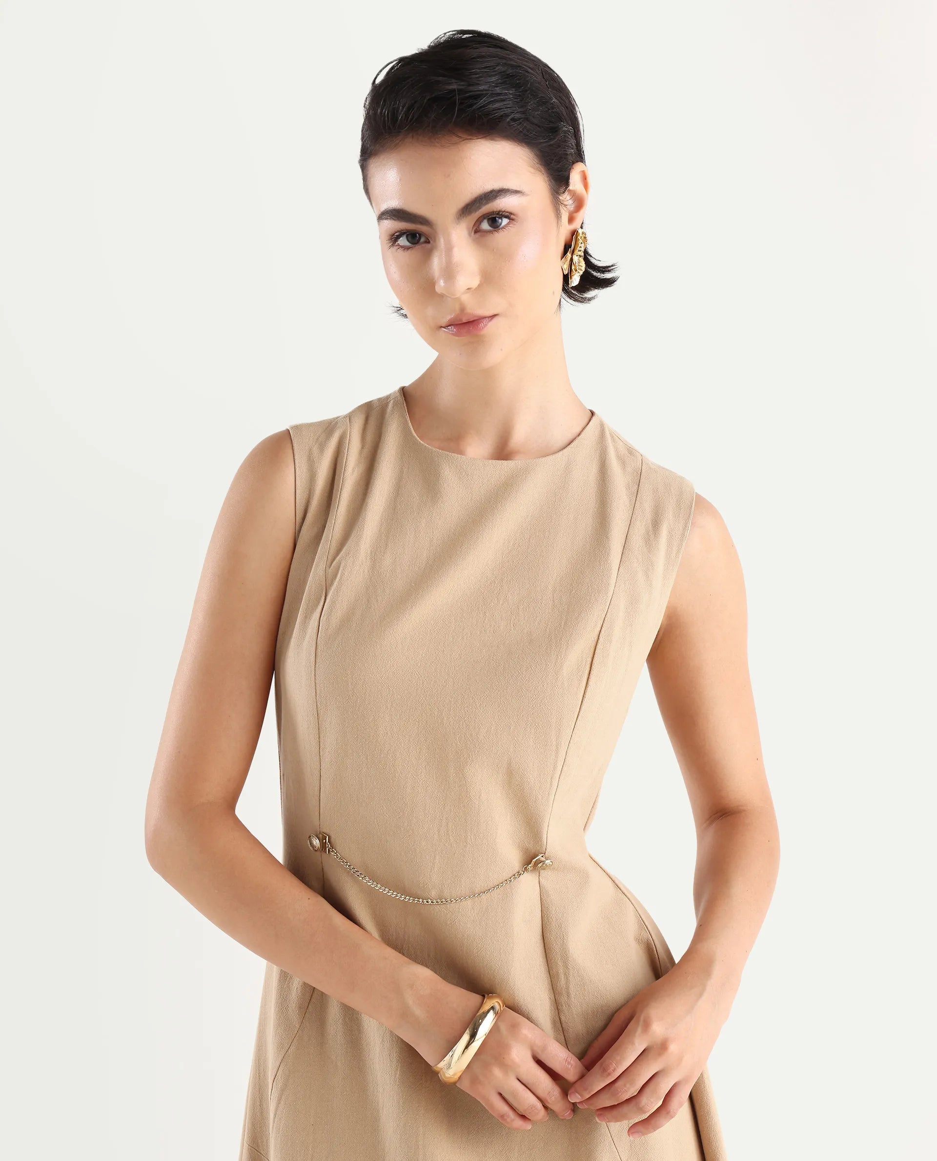 Rareism Women's Melrick Beige Cotton Crew Neck Plain Sleeveless Maxi A-Line Dress