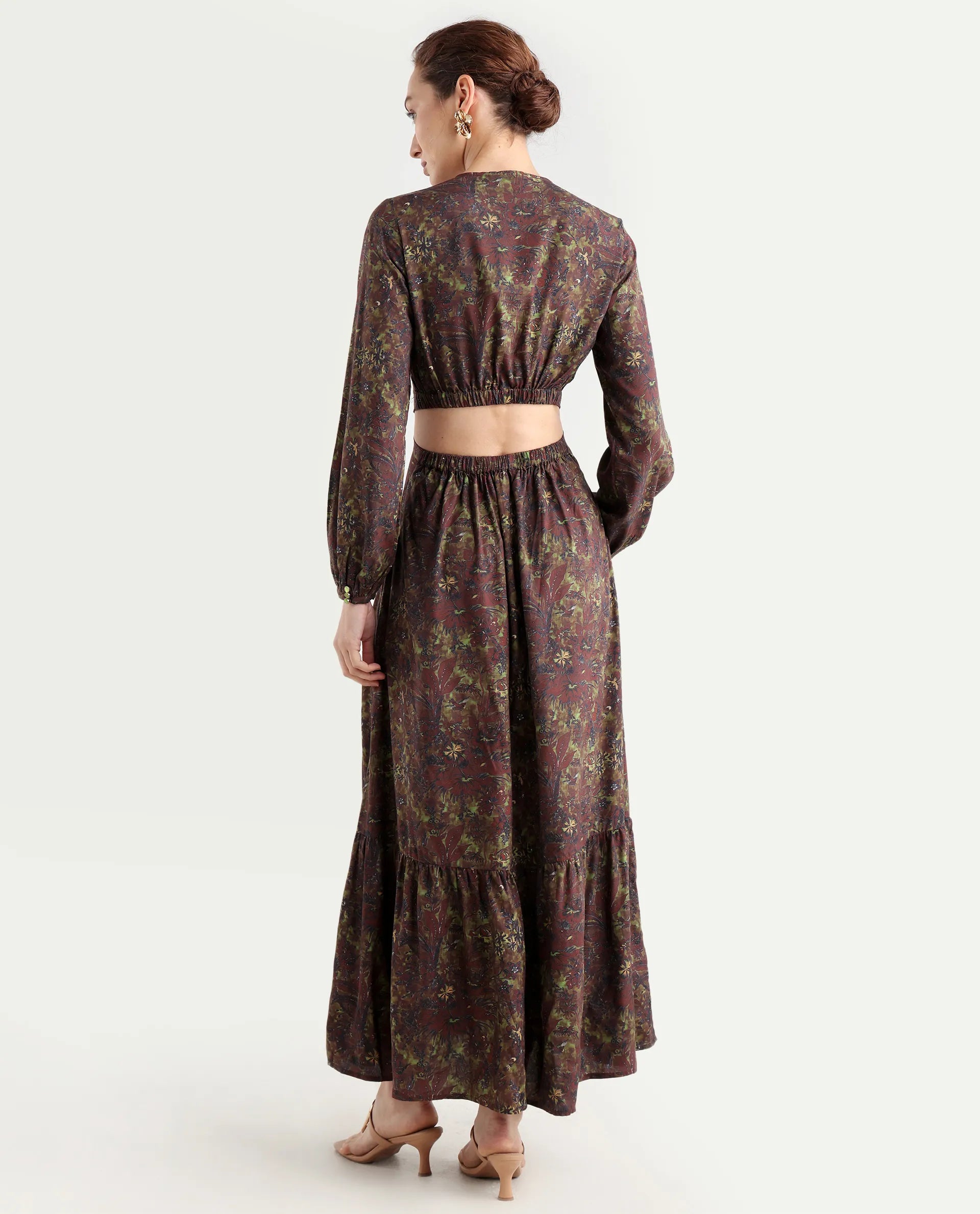 Rareism Women's Meppo Multi Viscose Overlap Neck Floral Print Bishop Sleeve Maxi Fit And Flare Dress