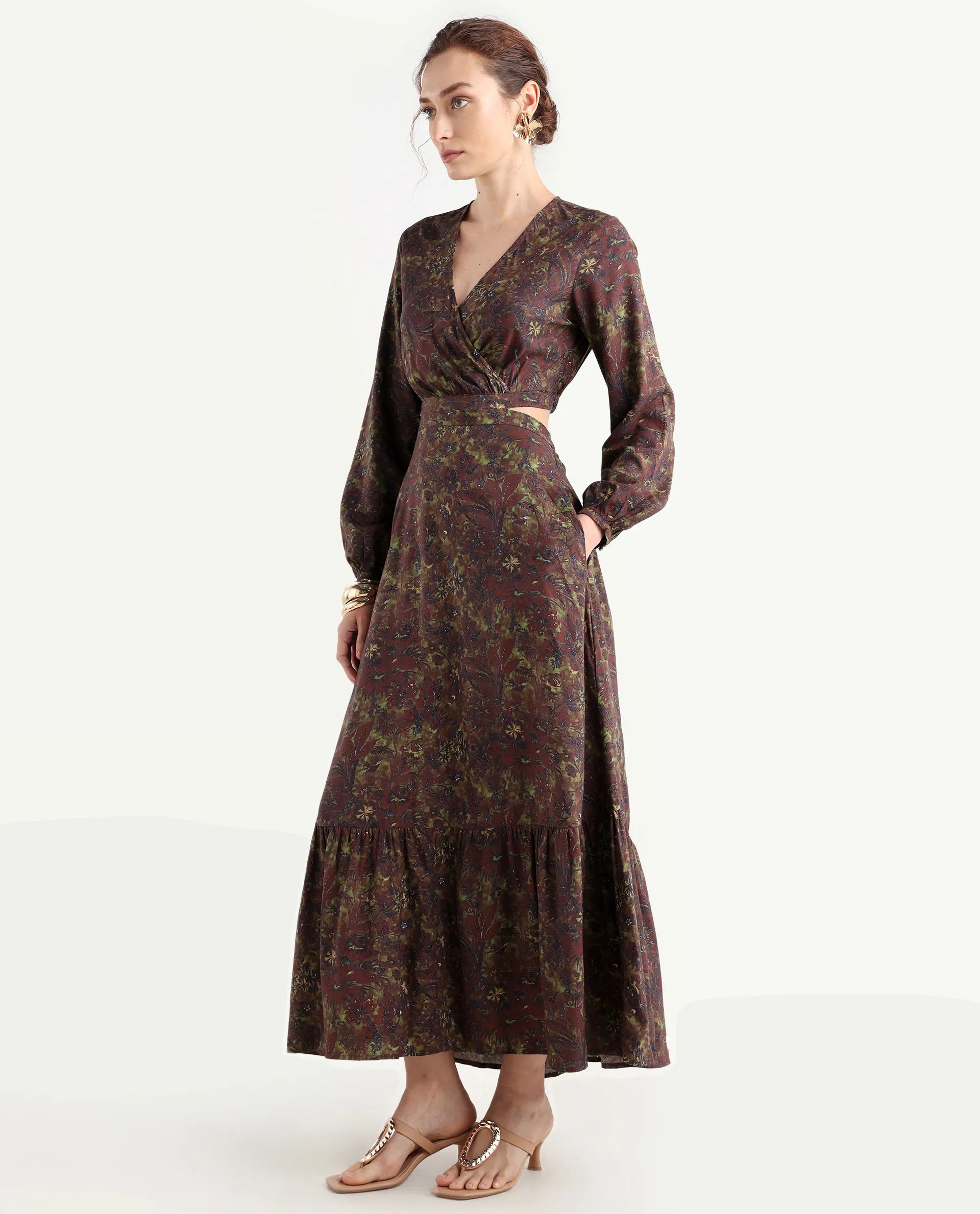 Rareism Women's Meppo Multi Viscose Overlap Neck Floral Print Bishop Sleeve Maxi Fit And Flare Dress