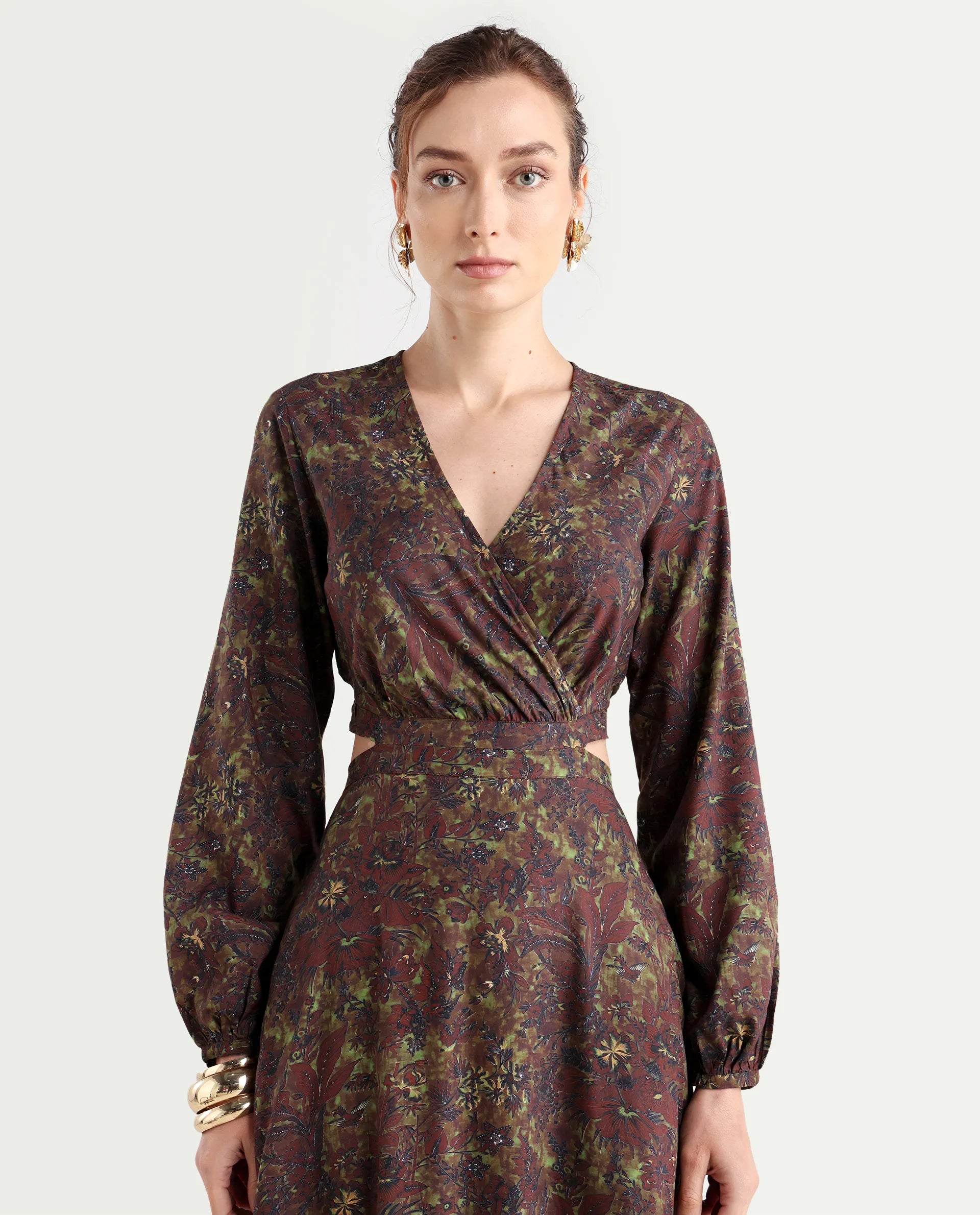 Rareism Women's Meppo Multi Viscose Overlap Neck Floral Print Bishop Sleeve Maxi Fit And Flare Dress