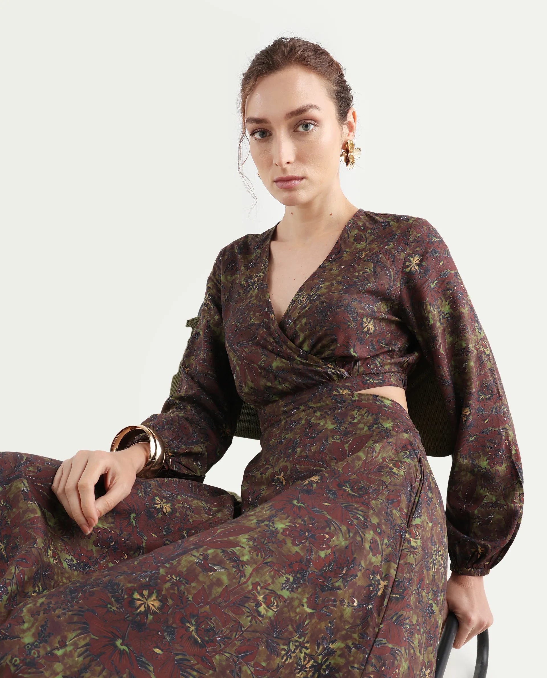 Rareism Women's Meppo Multi Viscose Overlap Neck Floral Print Bishop Sleeve Maxi Fit And Flare Dress