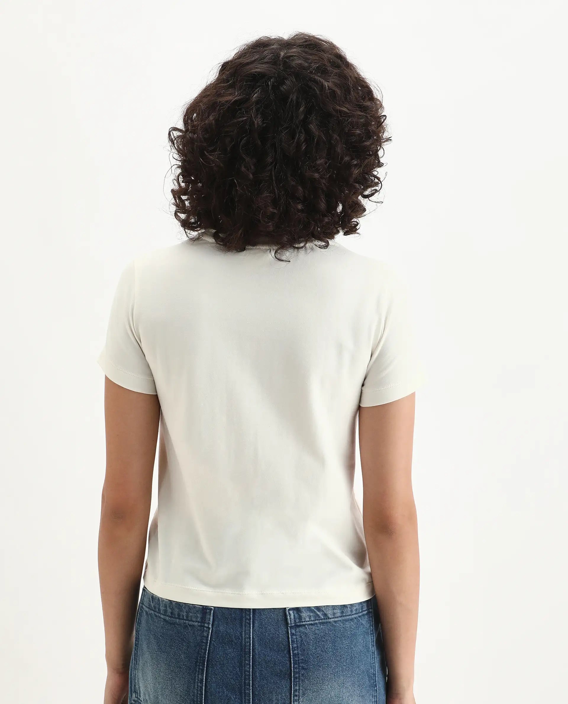 Rareism Women's Merch Off White Cotton Blend Crew Neck Graphic Print Regular Fit T-Shirt