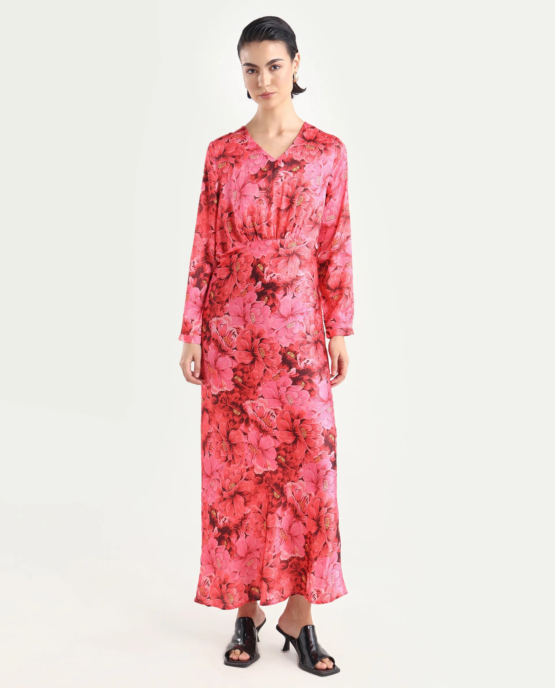 Rareism Women's Merlot Maroon Cotton V-Neck Floral Print Maxi Regular Fit Dress