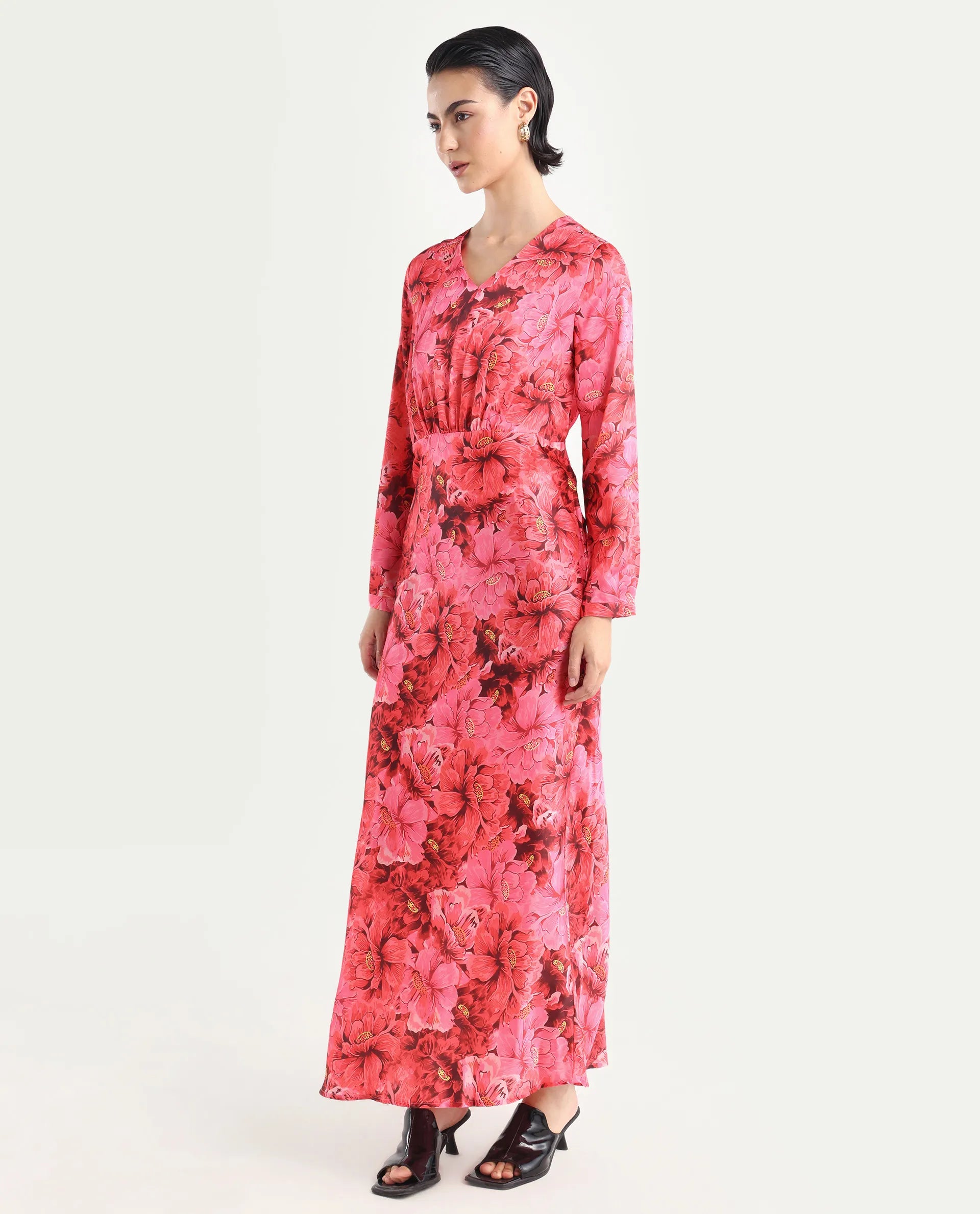 Rareism Women's Merlot Maroon Cotton V-Neck Floral Print Maxi Regular Fit Dress