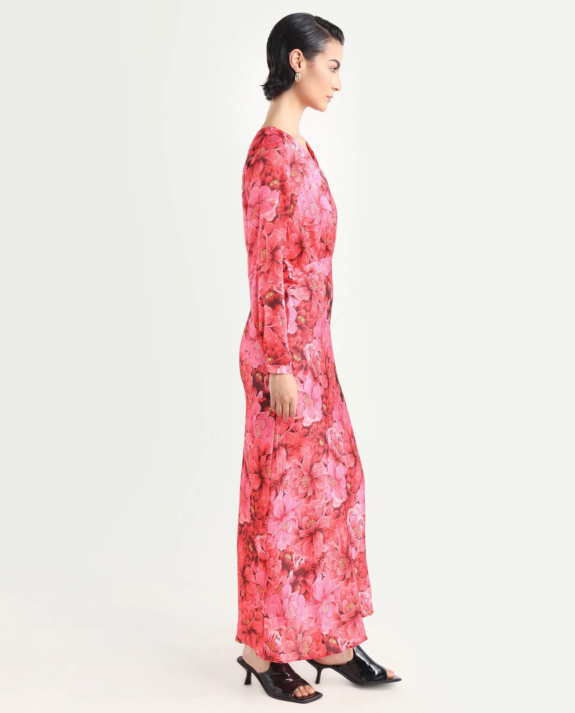 Rareism Women's Merlot Maroon Cotton V-Neck Floral Print Maxi Regular Fit Dress