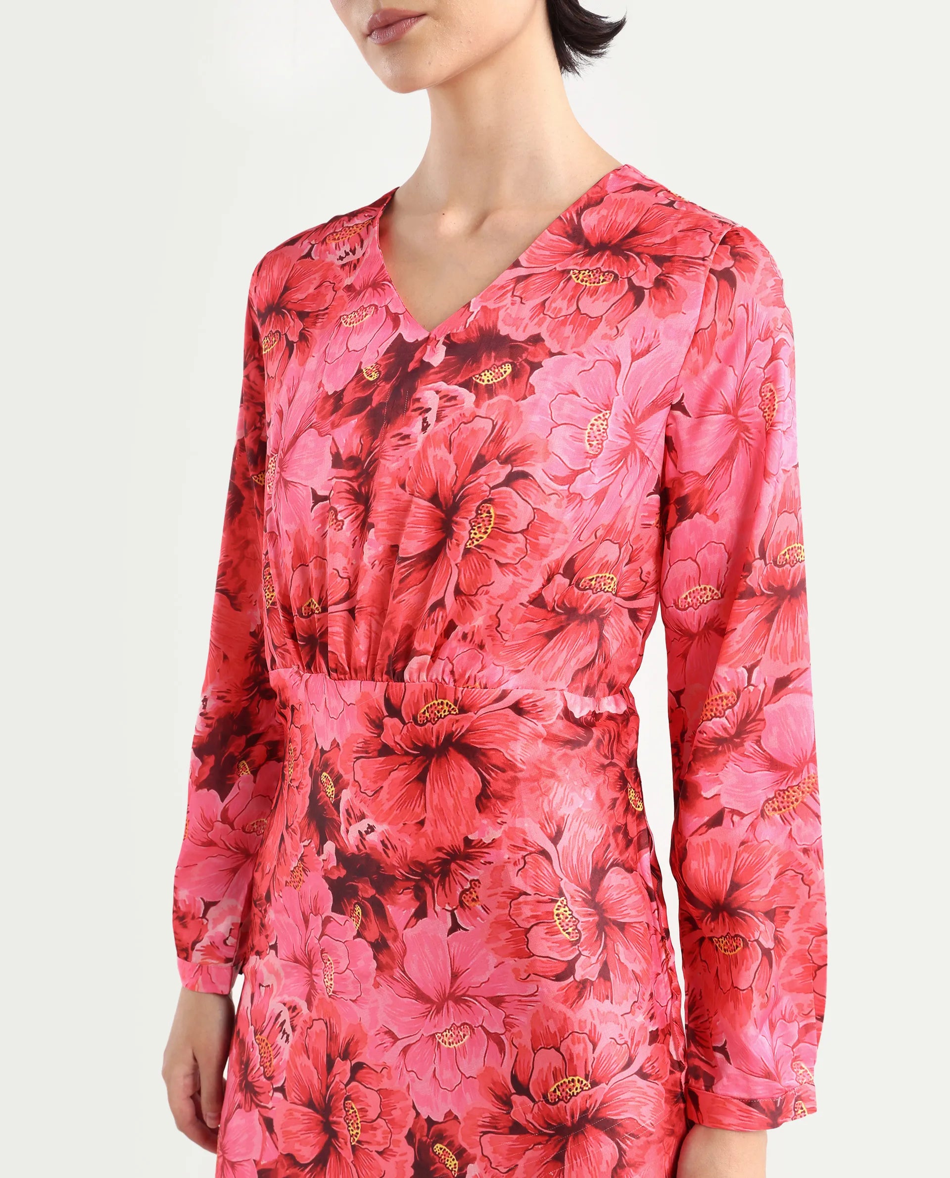 Rareism Women's Merlot Maroon Cotton V-Neck Floral Print Maxi Regular Fit Dress