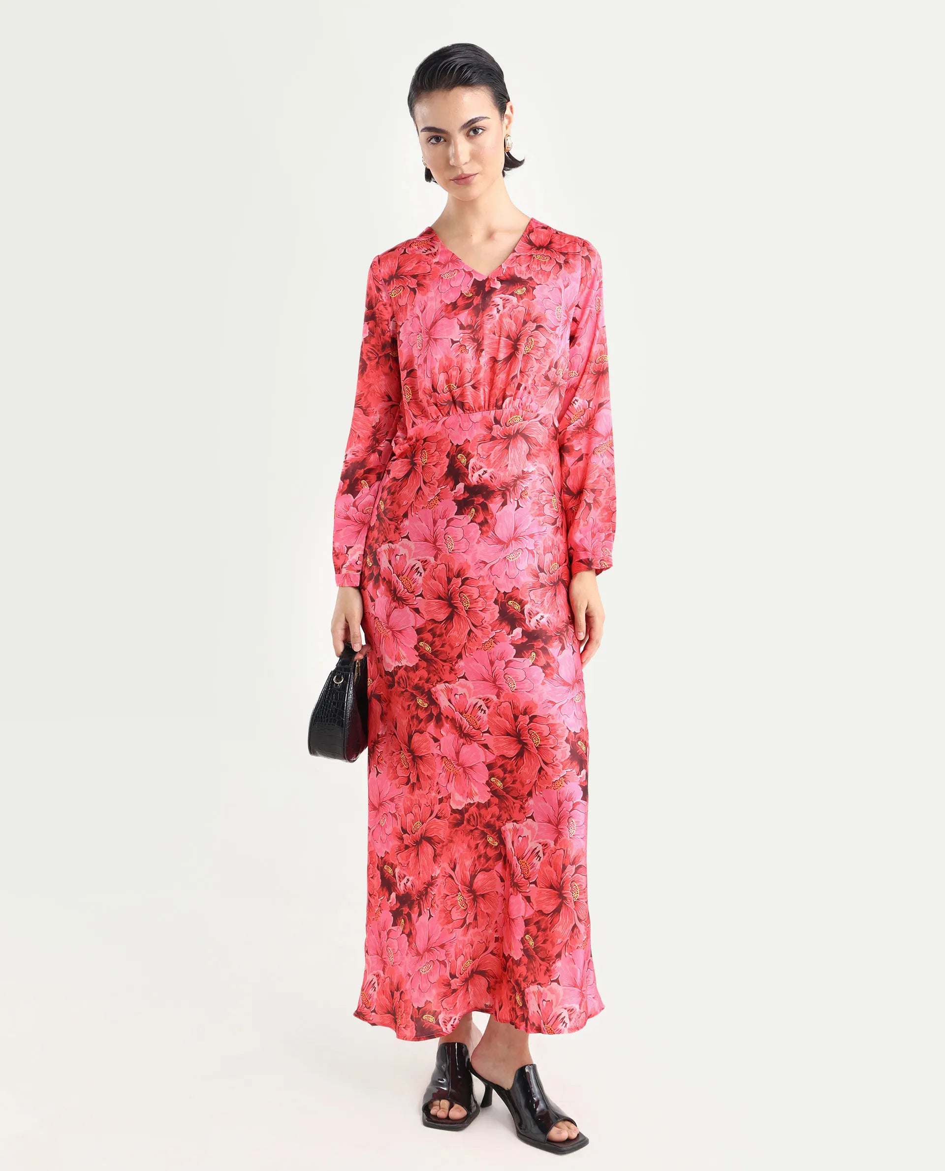 Rareism Women's Merlot Maroon Cotton V-Neck Floral Print Maxi Regular Fit Dress