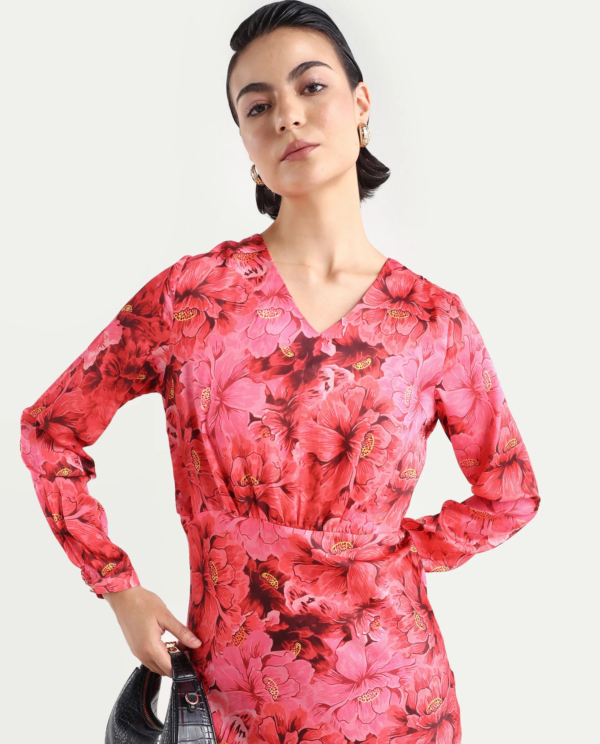 Rareism Women's Merlot Maroon Cotton V-Neck Floral Print Maxi Regular Fit Dress