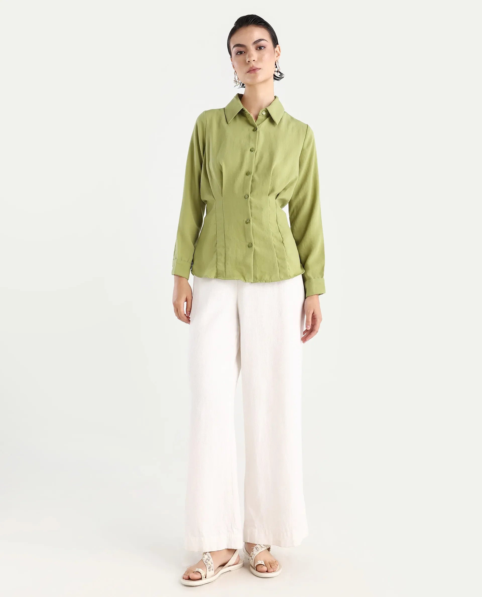 Rareism Women's Mersin Light Green Polyester Spread Collar Plain Cuffed Sleeve Regular Fit Top
