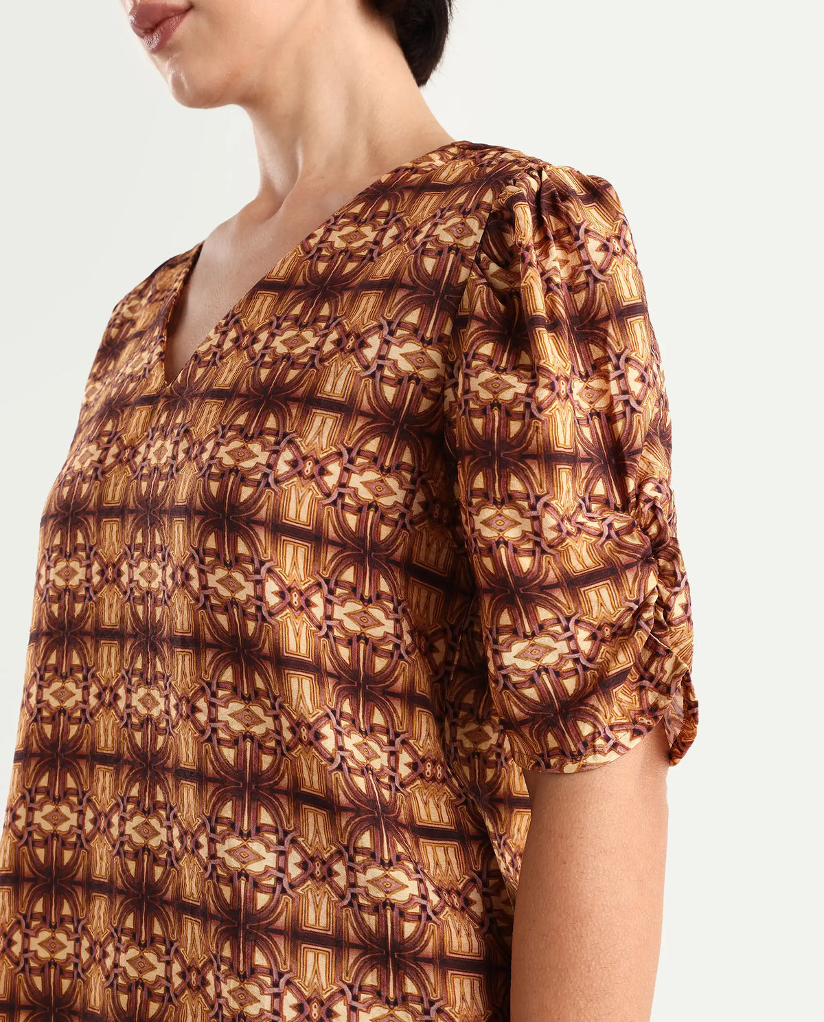 Rareism Women's Messo Light Brown Nylon Blend V-Neck Abstract Print Puff Sleeves Regular Fit Top
