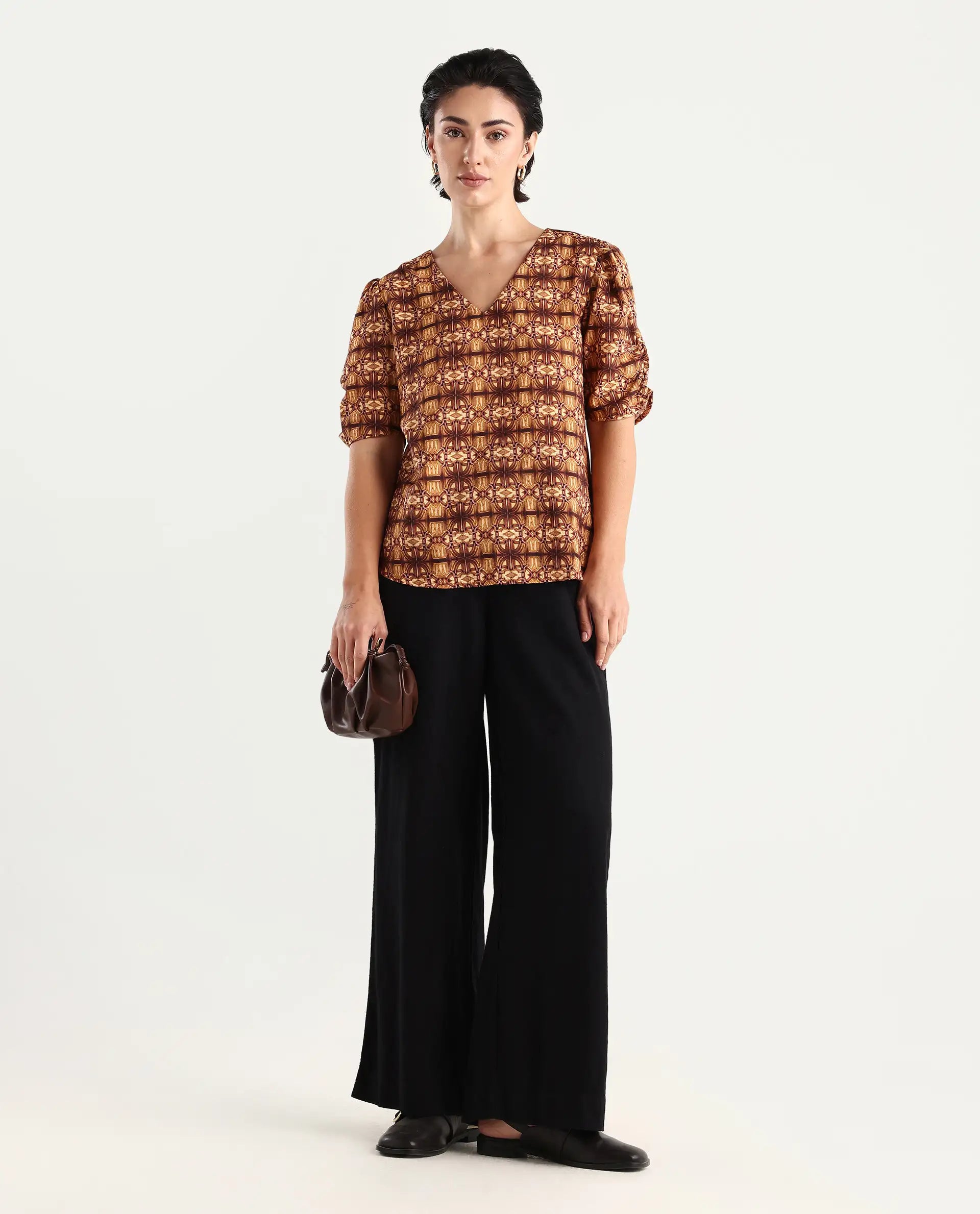 Rareism Women's Messo Light Brown Nylon Blend V-Neck Abstract Print Puff Sleeves Regular Fit Top