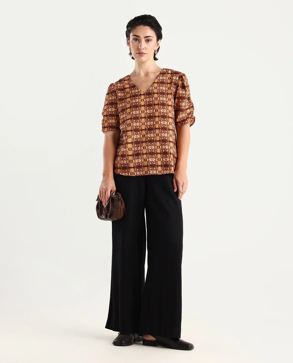 Rareism Women's Messo Light Brown Nylon Blend V-Neck Abstract Print Puff Sleeves Regular Fit Top