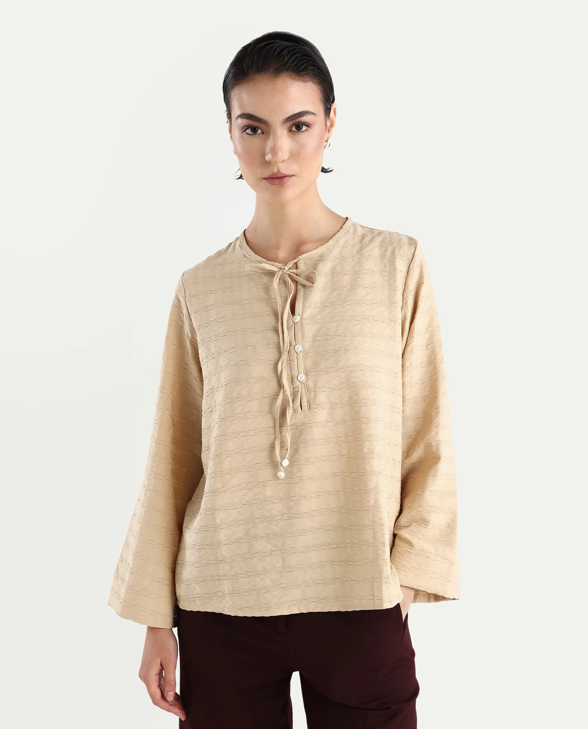 Rareism Women's Metio Light Beige Polyester Blend Tie-Up Neck Plain Relaxed Fit Top