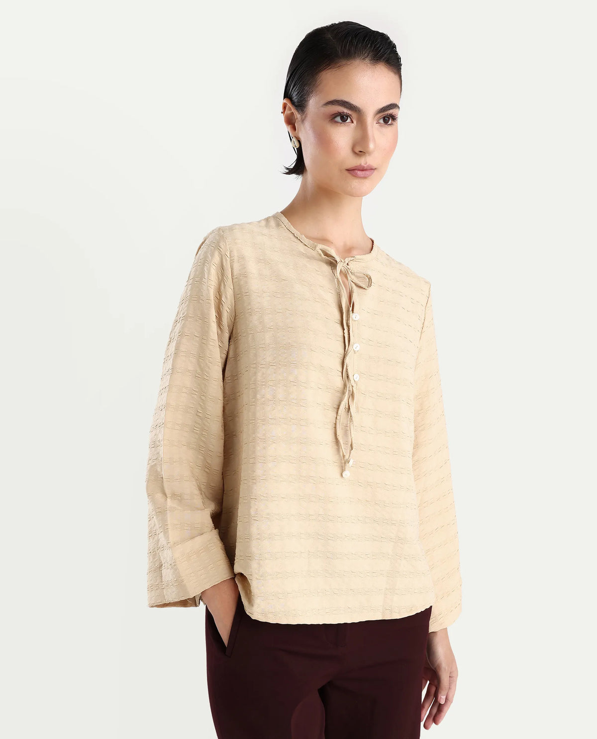 Rareism Women's Metio Light Beige Polyester Blend Tie-Up Neck Plain Relaxed Fit Top