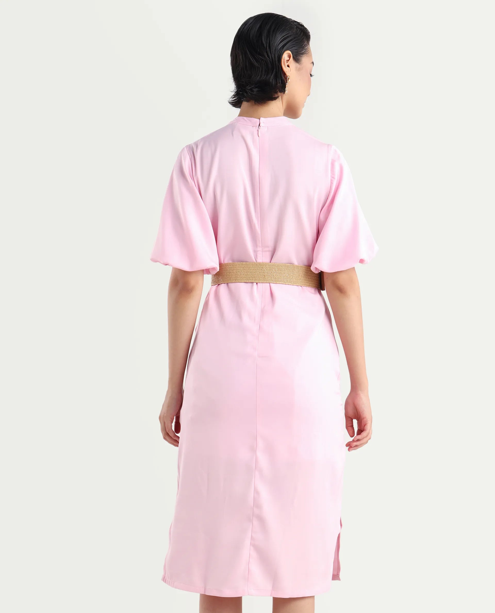 Rareism Women's Metz Light Pink Satin High Neck Dyed Balloon Sleeve Midi Bodycon Dress