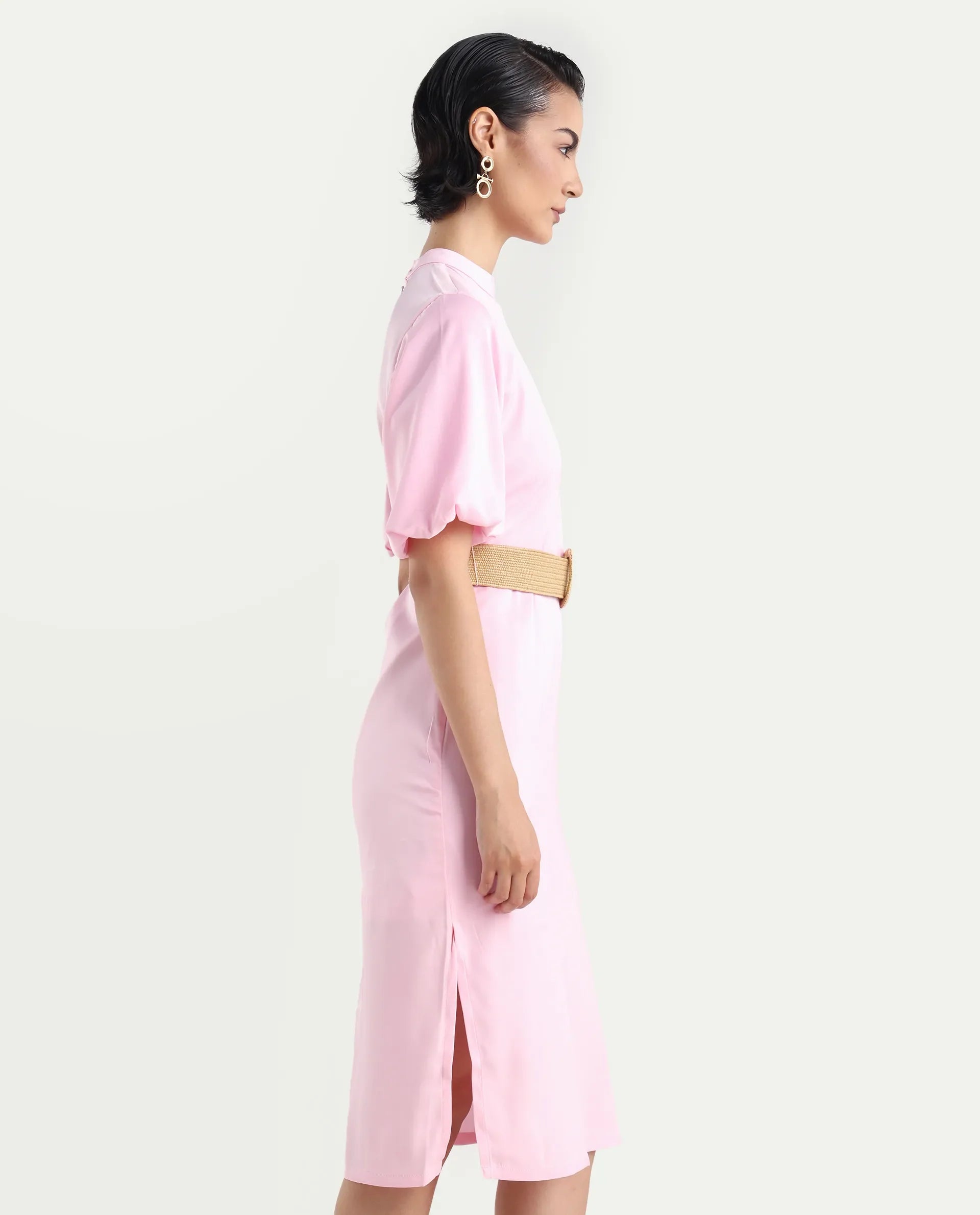 Rareism Women's Metz Light Pink Satin High Neck Dyed Balloon Sleeve Midi Bodycon Dress