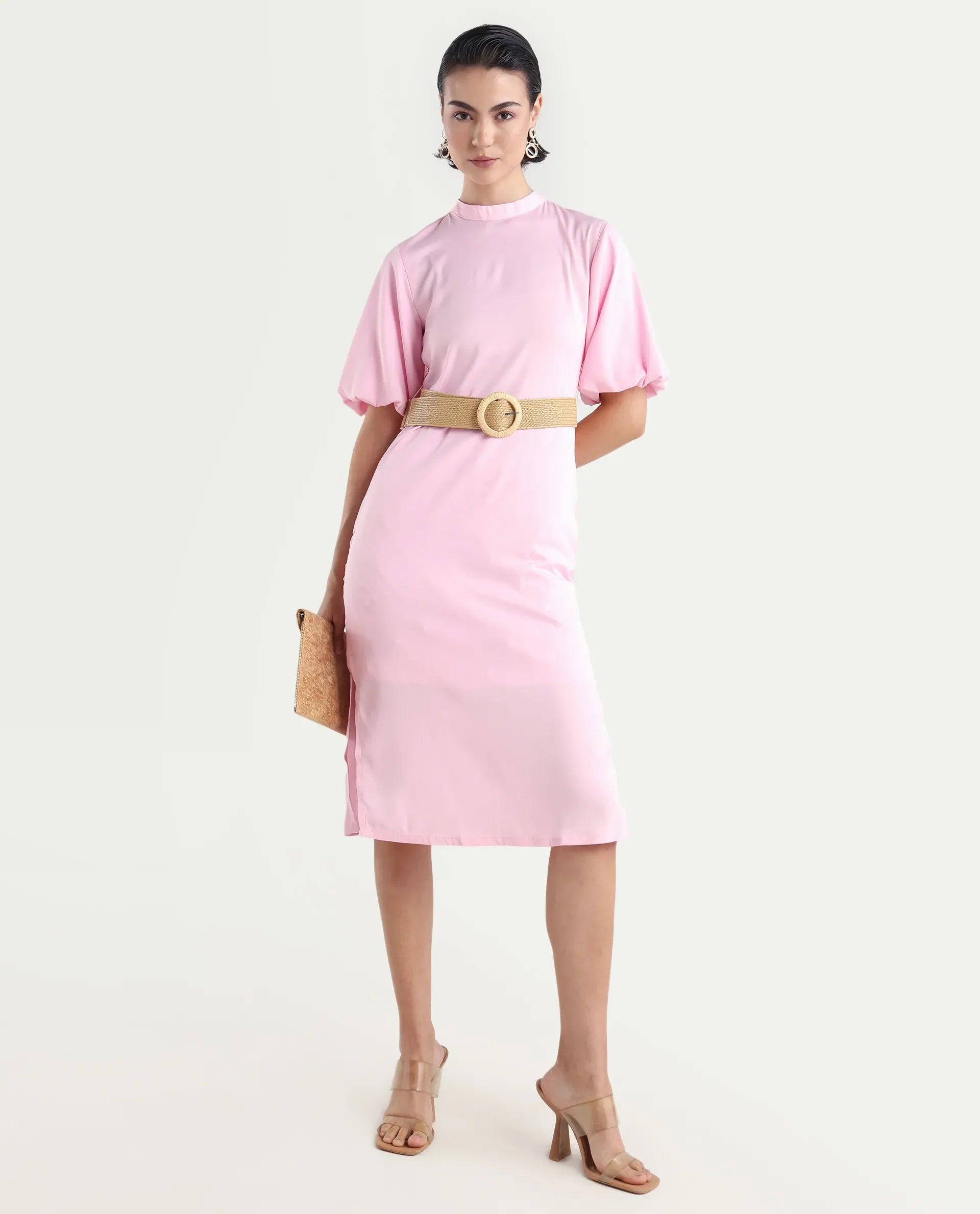 Rareism Women's Metz Light Pink Satin High Neck Dyed Balloon Sleeve Midi Bodycon Dress