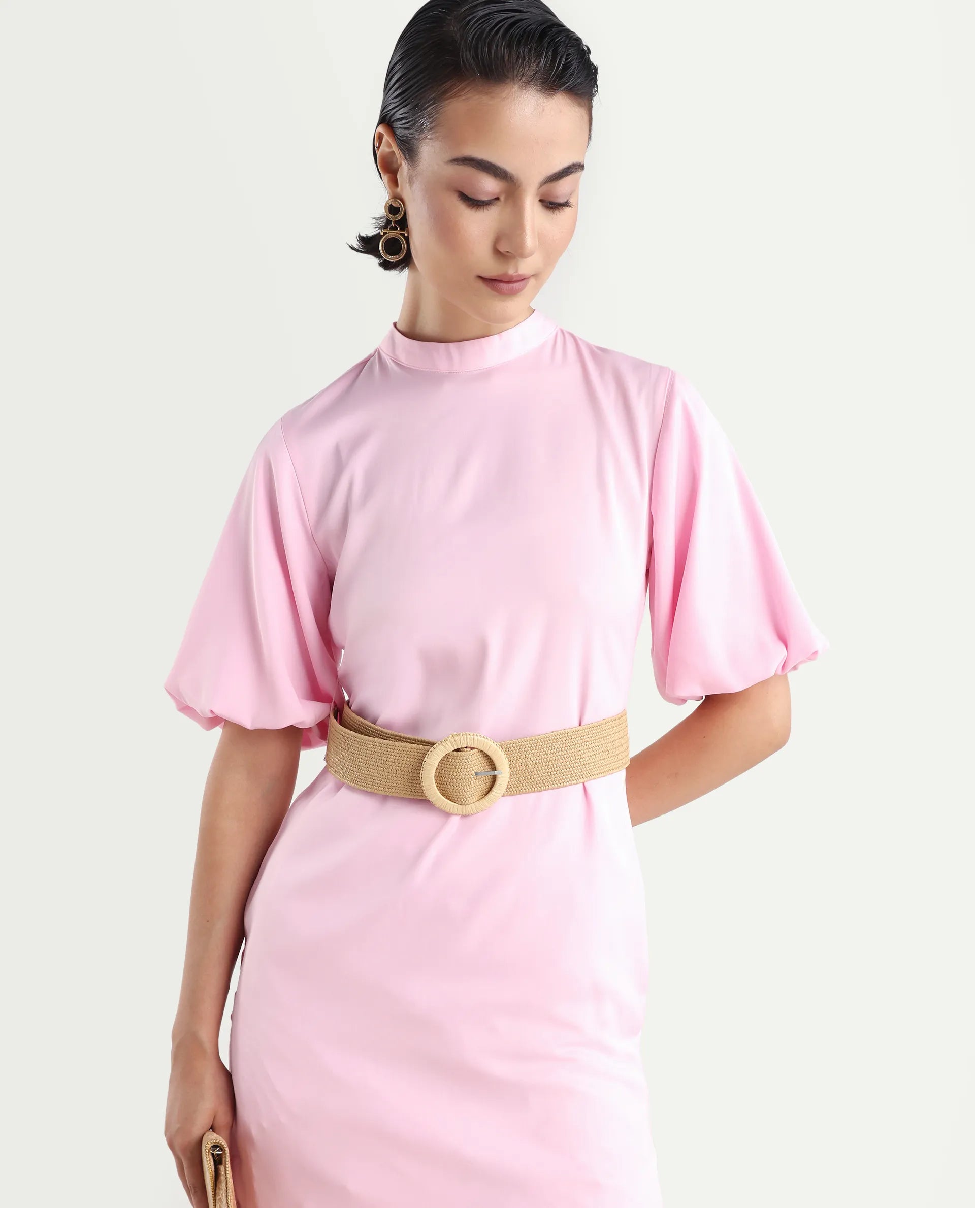 Rareism Women's Metz Light Pink Satin High Neck Dyed Balloon Sleeve Midi Bodycon Dress