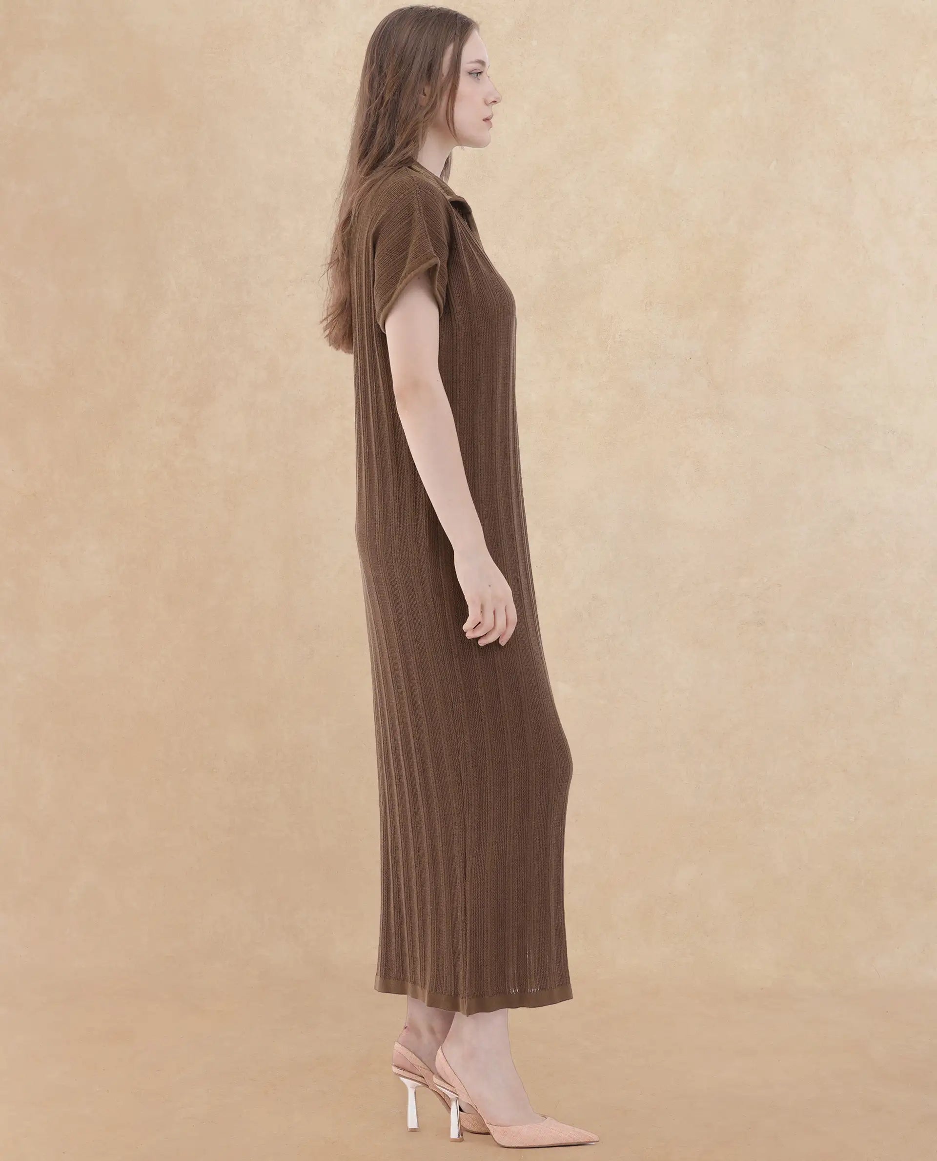 Rareism Women's Meyora Brown Cotton Fabric V-Neck Slip-On Closure Half Sleeve Striped Relaxed Fit Maxi Dress