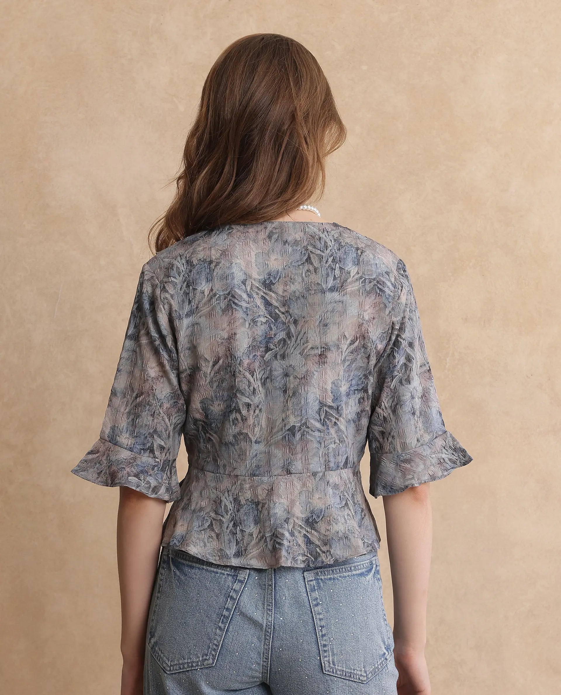 Rareism Women's Miben Dusky Multi Polyester Blend Ruffled Neck Floral Print Crop Regular Fit Top