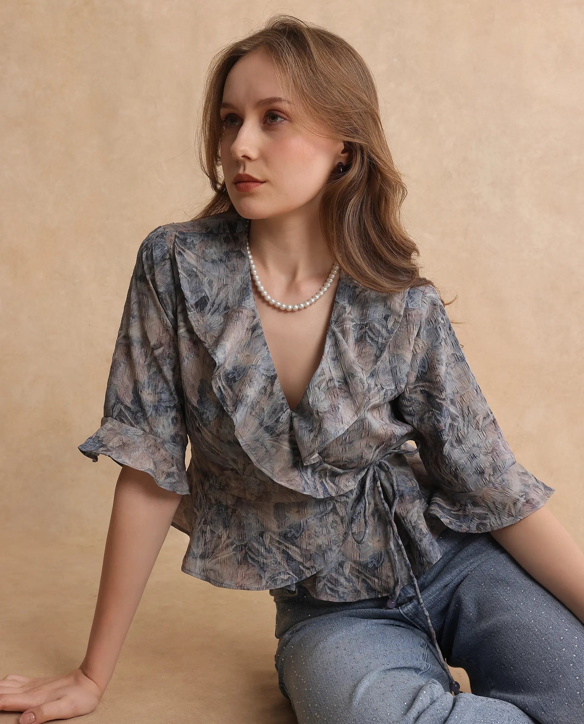 Rareism Women's Miben Dusky Multi Polyester Blend Ruffled Neck Floral Print Crop Regular Fit Top