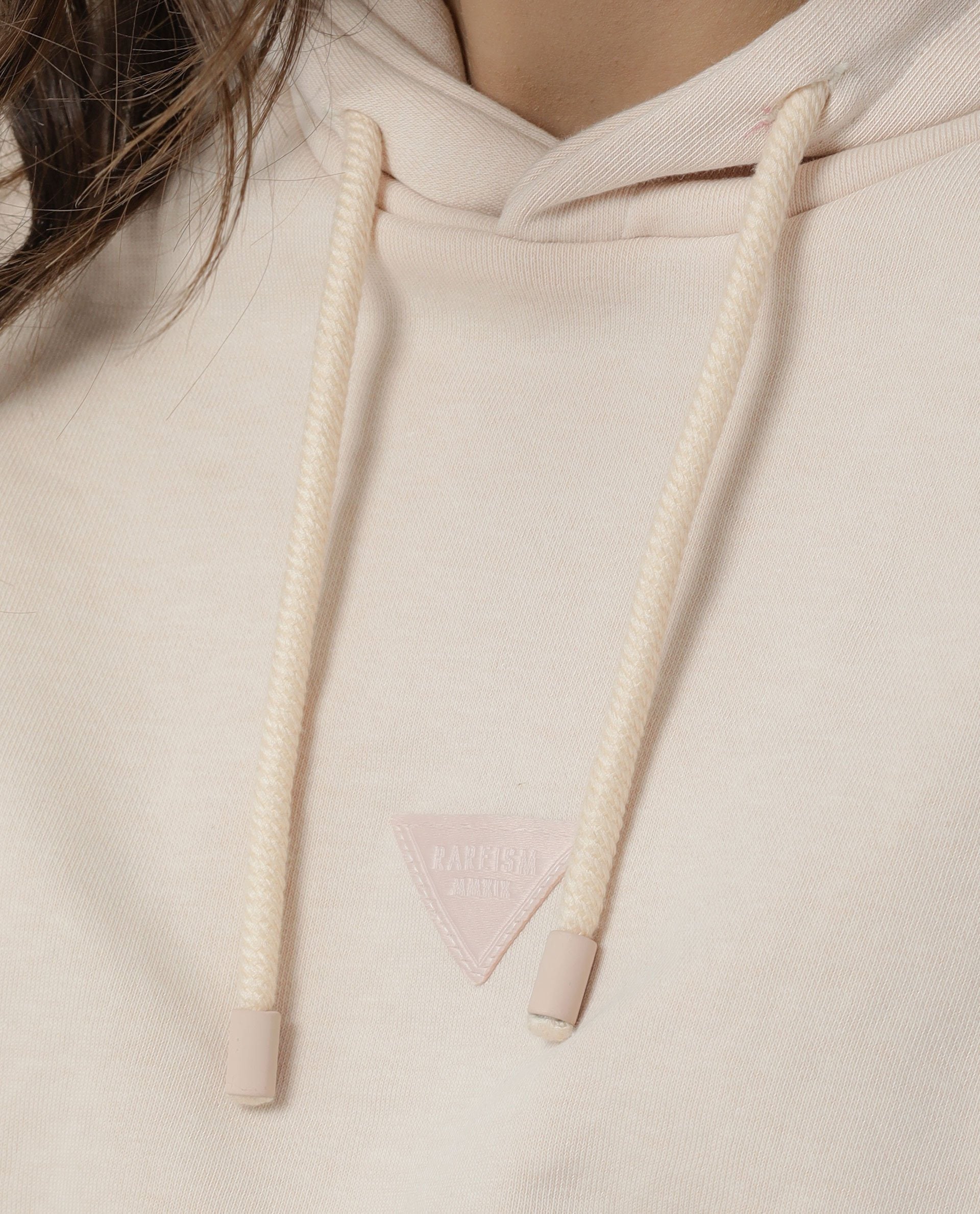 Rareism Women Wally Beige Poly Cotton Fabric Relaxed Fit Full Sleeves Solid Hooded Sweatshirt