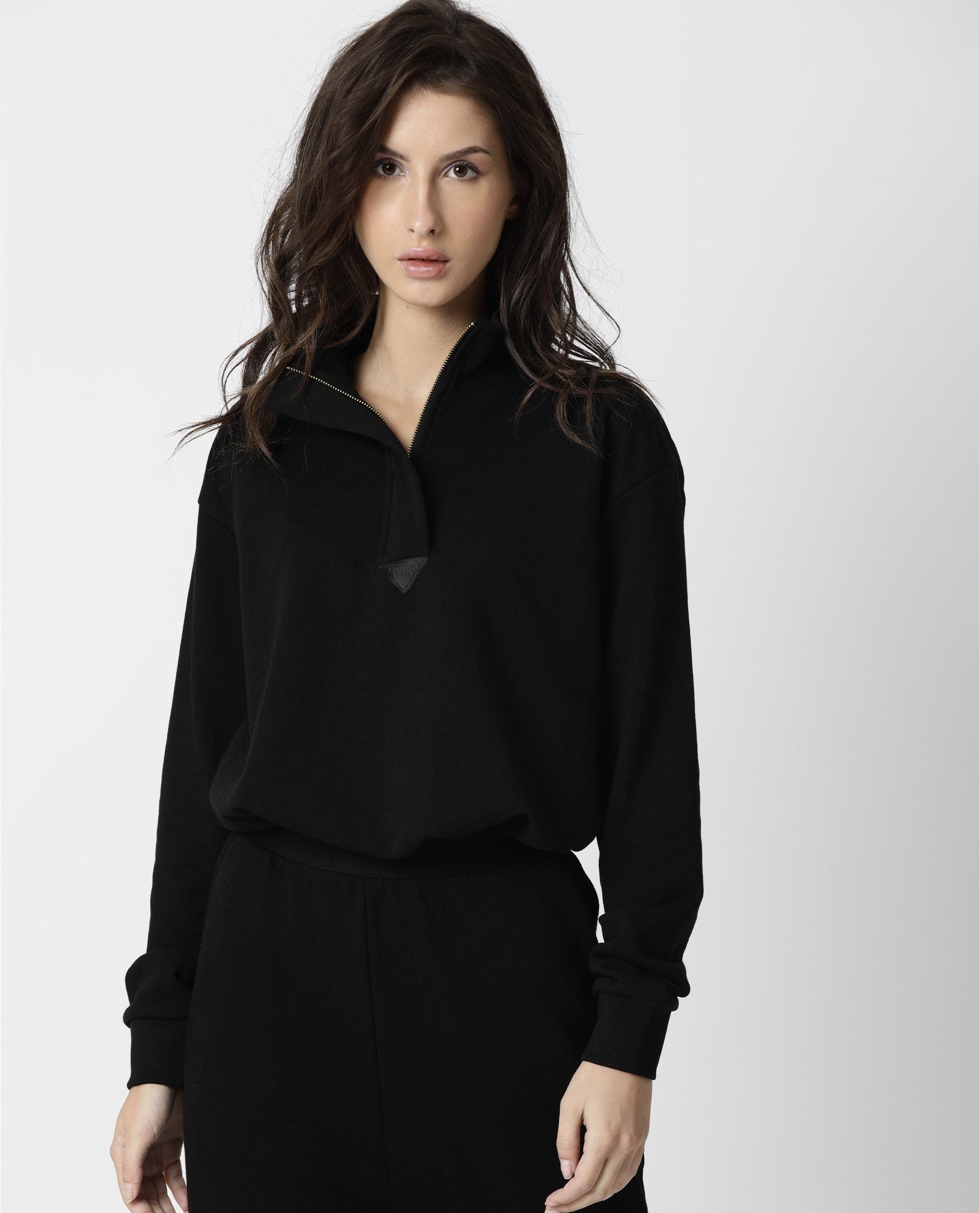 Rareism Women Taffy Black Relaxed Fit Full Sleeves Solid High Neck Sweatshirt