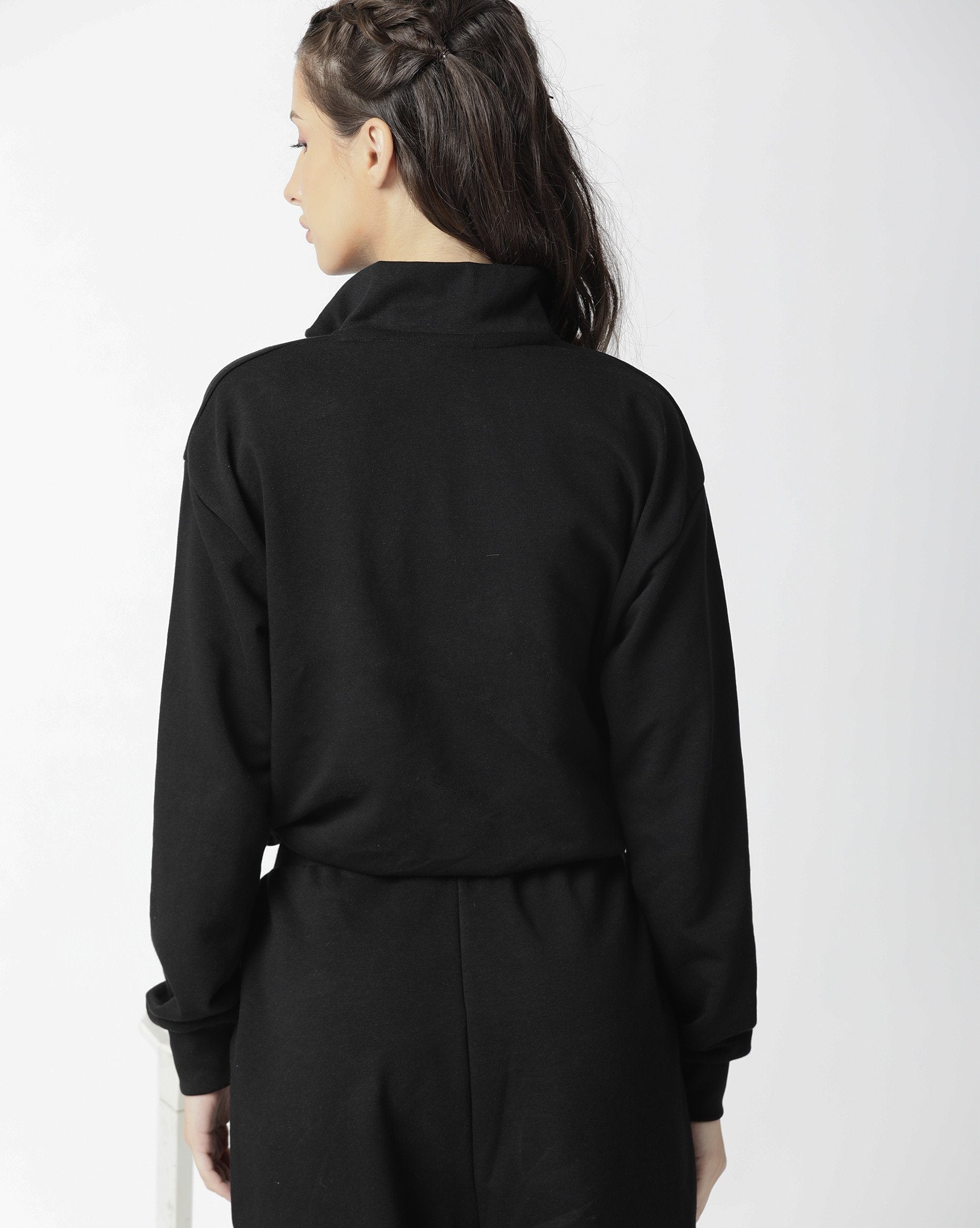 Rareism Women Taffy Black Relaxed Fit Full Sleeves Solid High Neck Sweatshirt