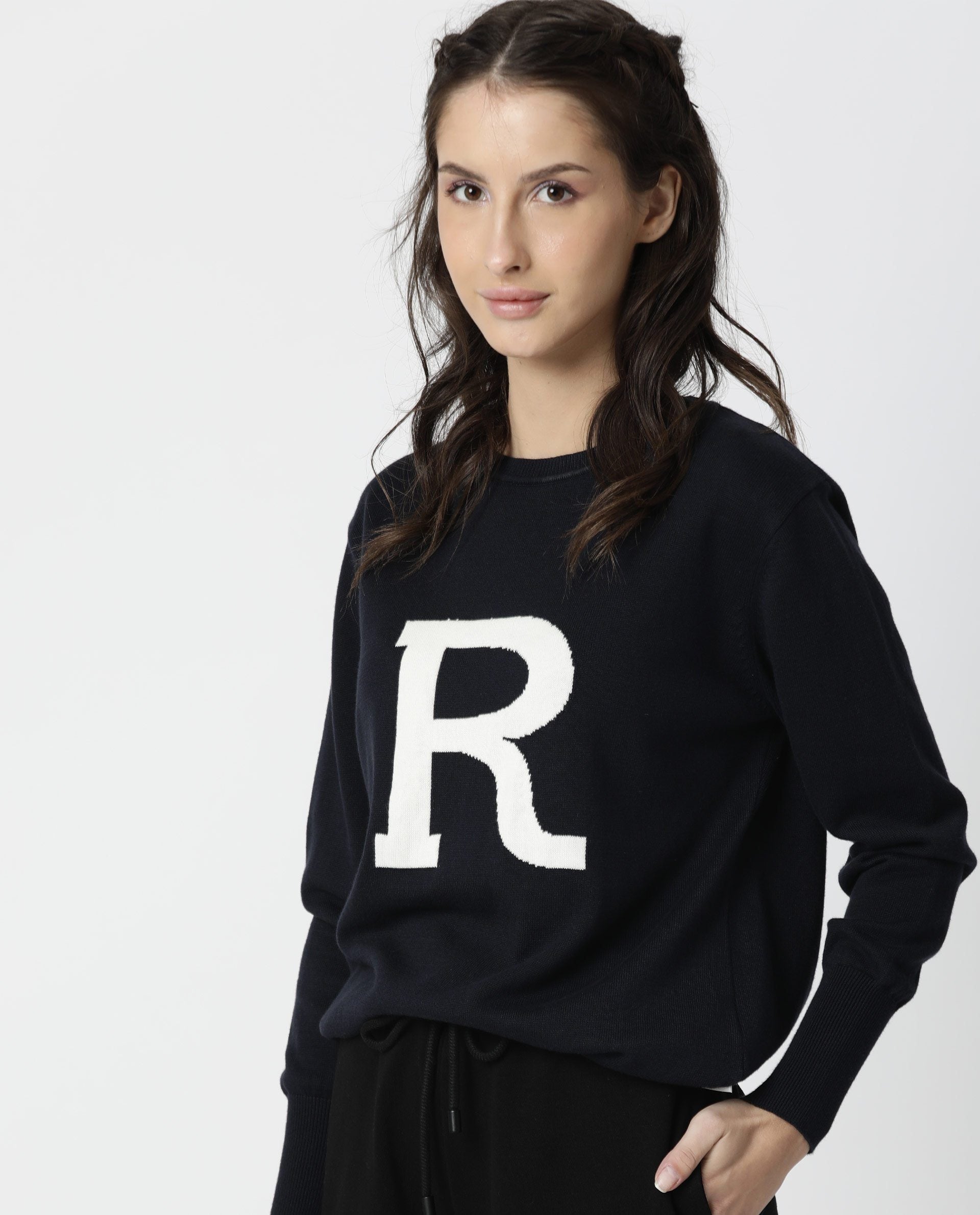 Rareism Women Plush Navy Sweater Full Sleeves