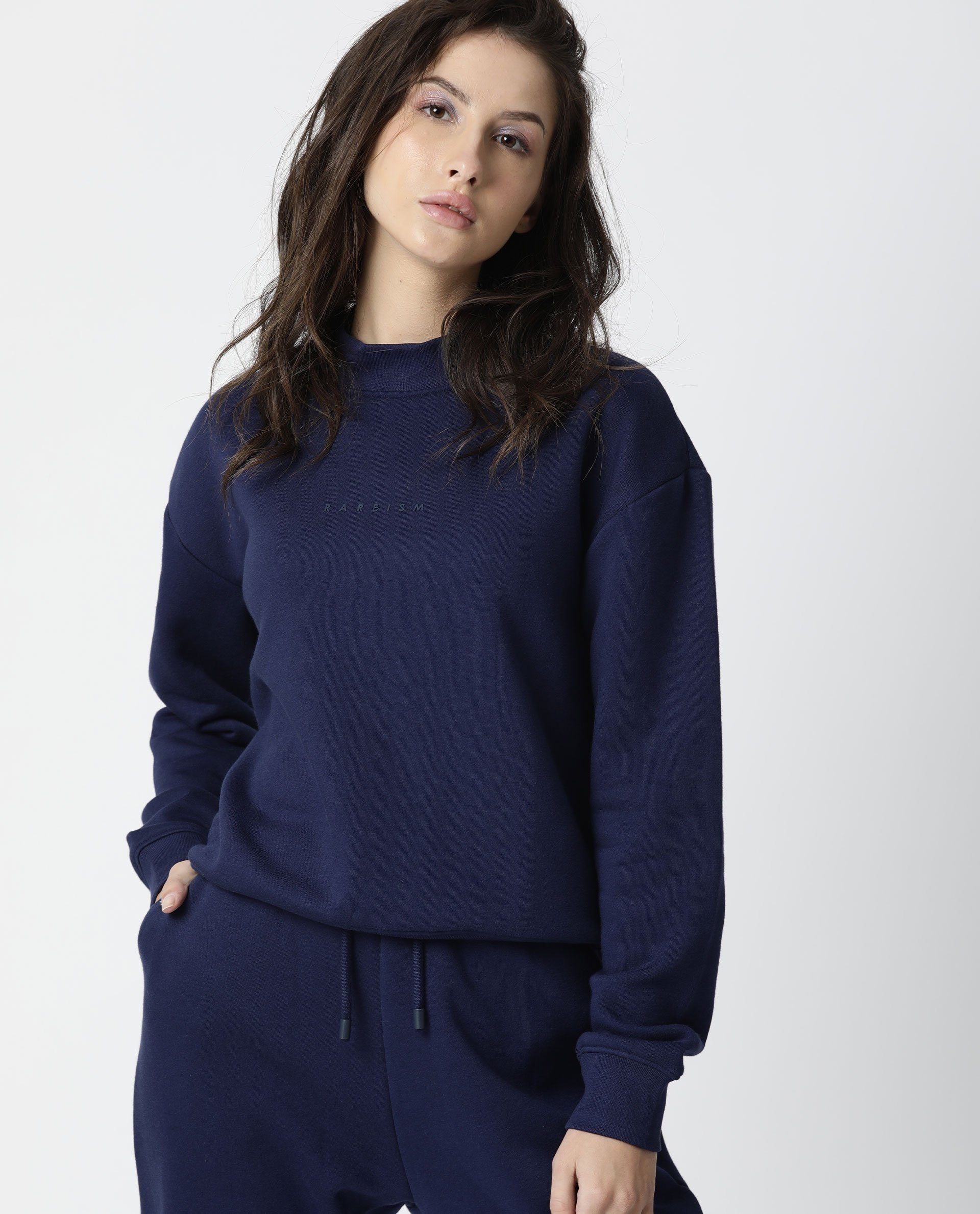 Rareism Womens Fury Blue Sweatshirt Relaxed Fit Full Sleeves